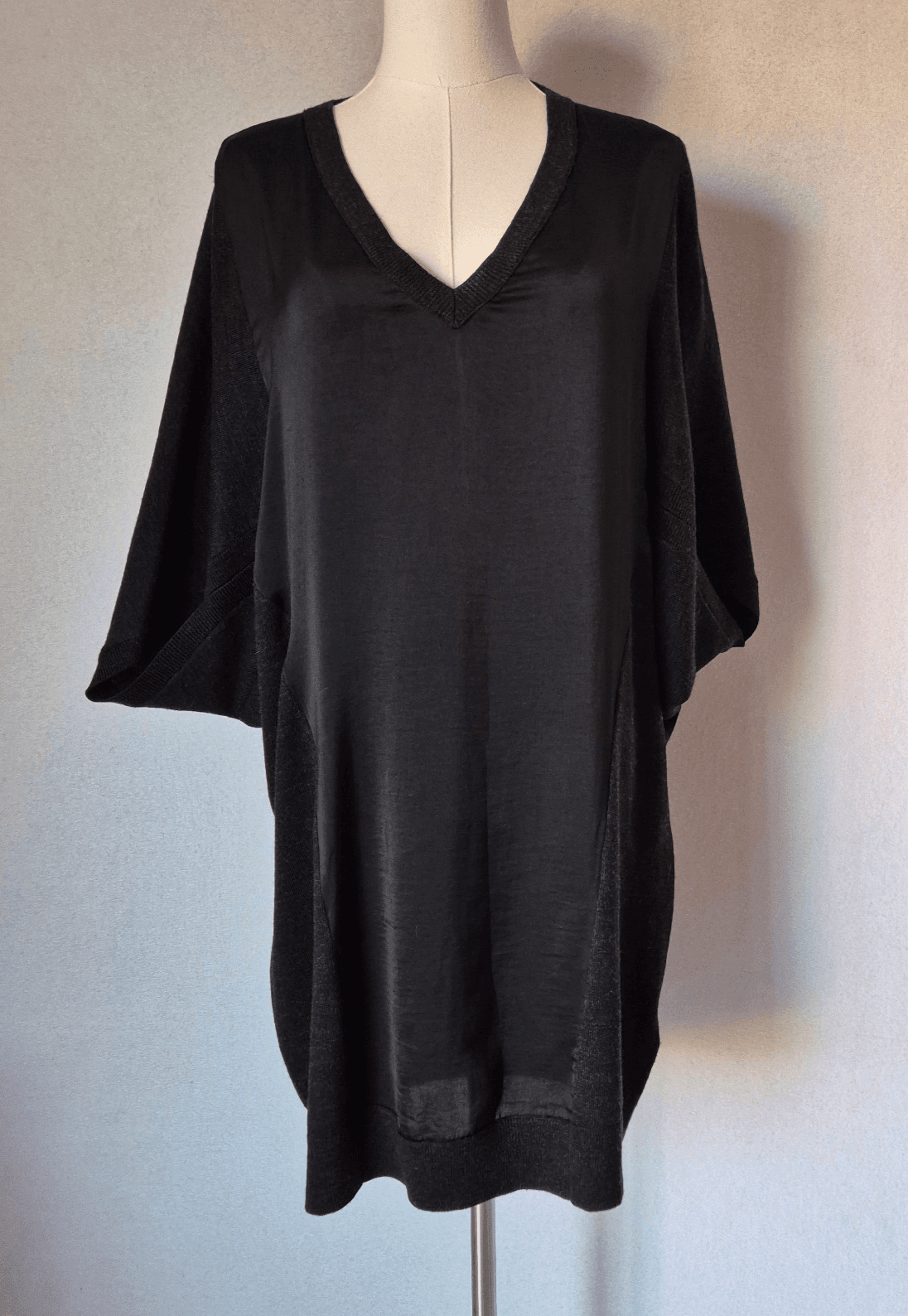 All Saints Elwar Panel Merino Wool Mini Jumper Sweater Dress V-Neck Black Sz.L - Thumbnail 4
