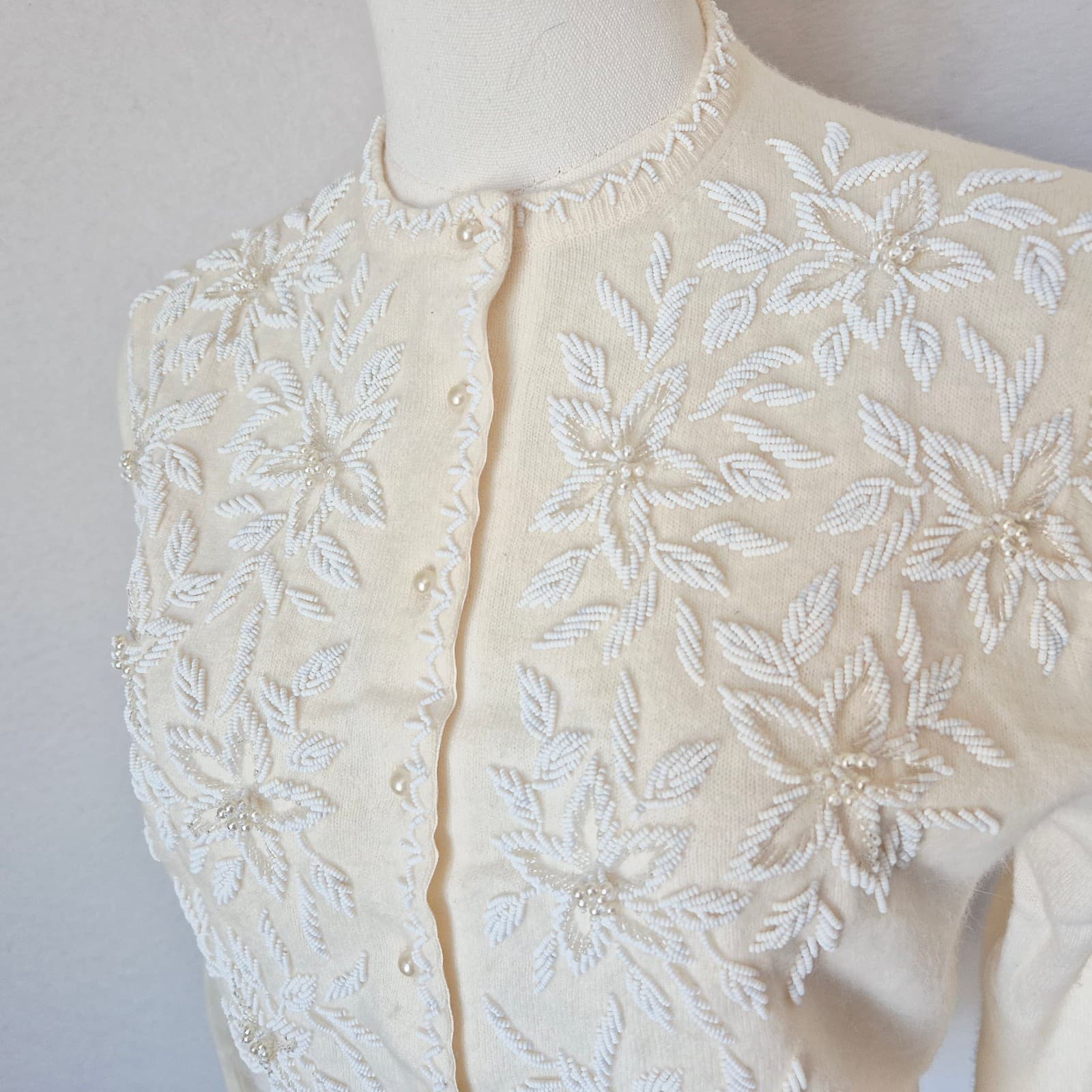Vintage Stephen Chu Beaded Pearl Rabbit Hair Lamswool Cardigan Lined Iovry Sz.38 - Thumbnail 4