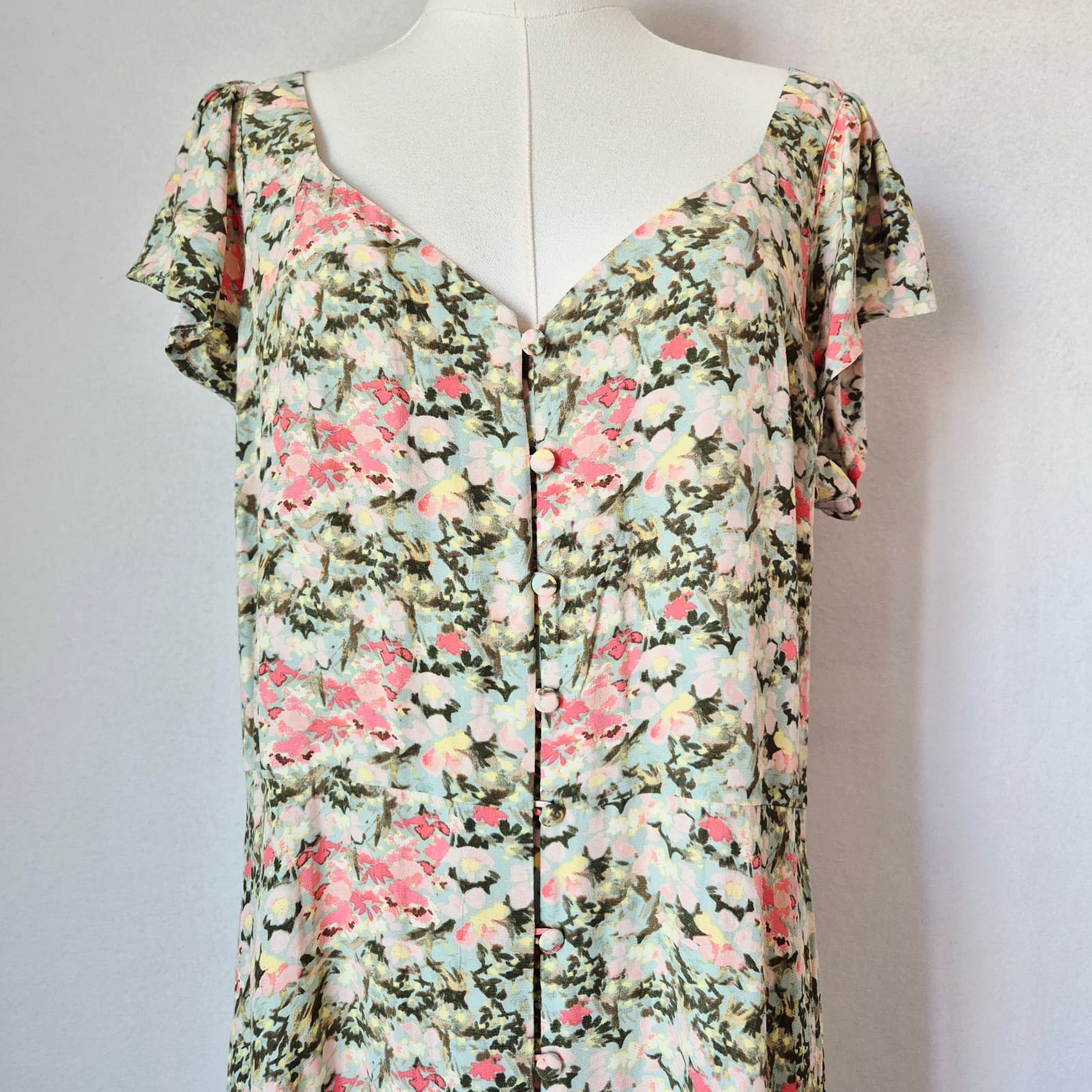 NWT LOFT Floral Button-Front Maxi Shift Dress Cap Sleeve Multicolor Women's 14 - Thumbnail 5