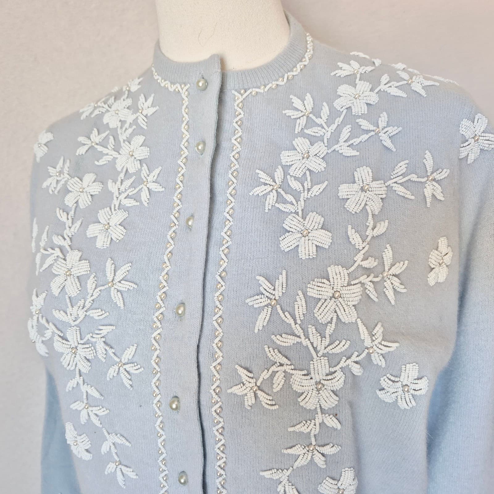Vintage Stephen Chu Beaded Pearl Rabbit Hair Lamswool Cardigan Lined Blue Sz.38 - Thumbnail 4