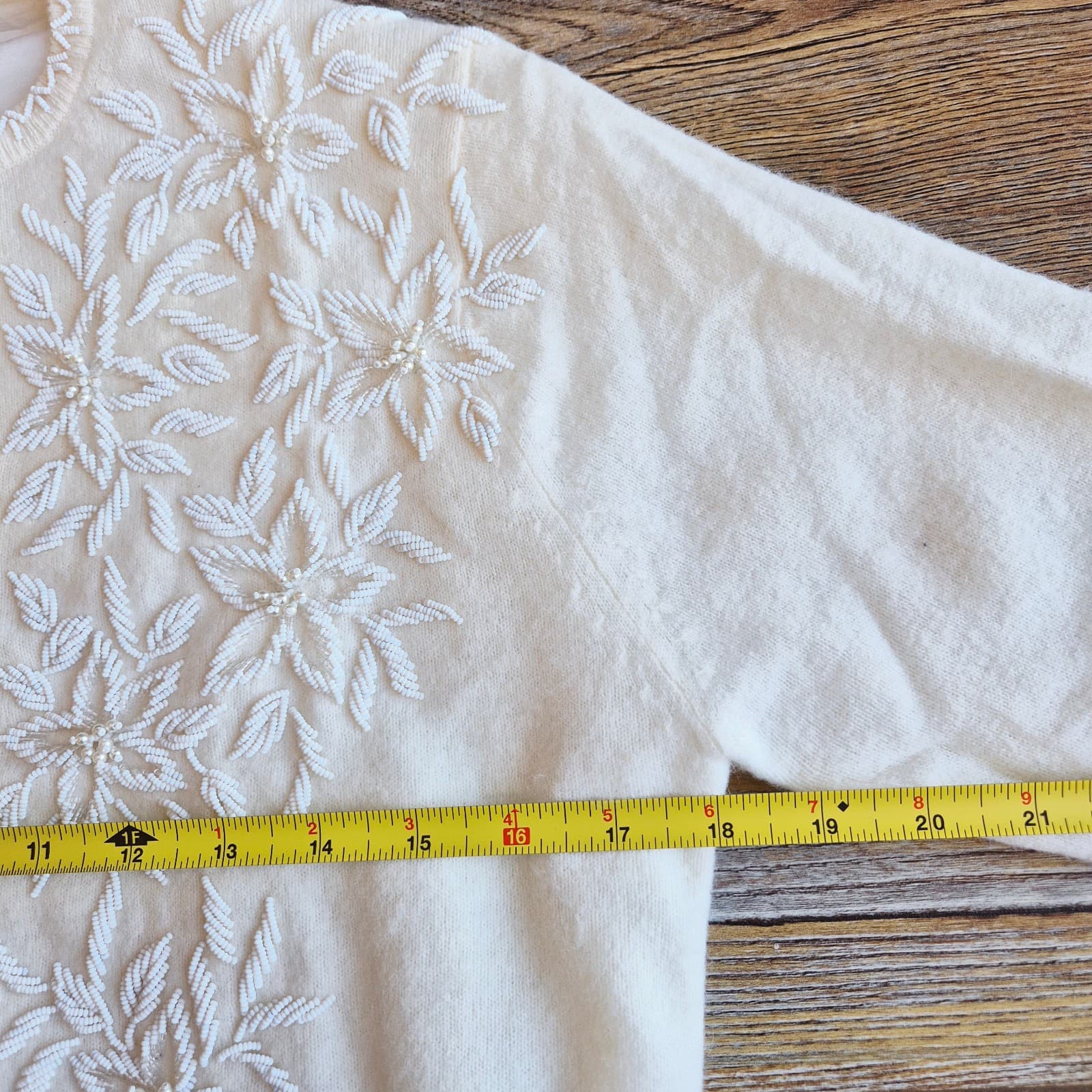 Vintage Stephen Chu Beaded Pearl Rabbit Hair Lamswool Cardigan Lined Iovry Sz.38 - Thumbnail 13