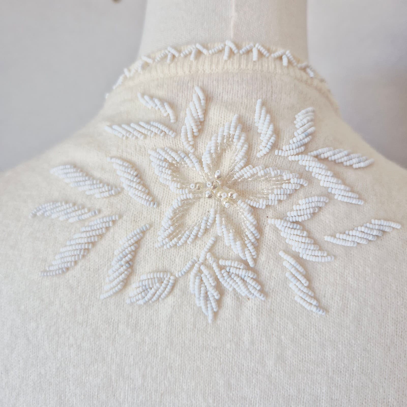 Vintage Stephen Chu Beaded Pearl Rabbit Hair Lamswool Cardigan Lined Iovry Sz.38 - Thumbnail 7