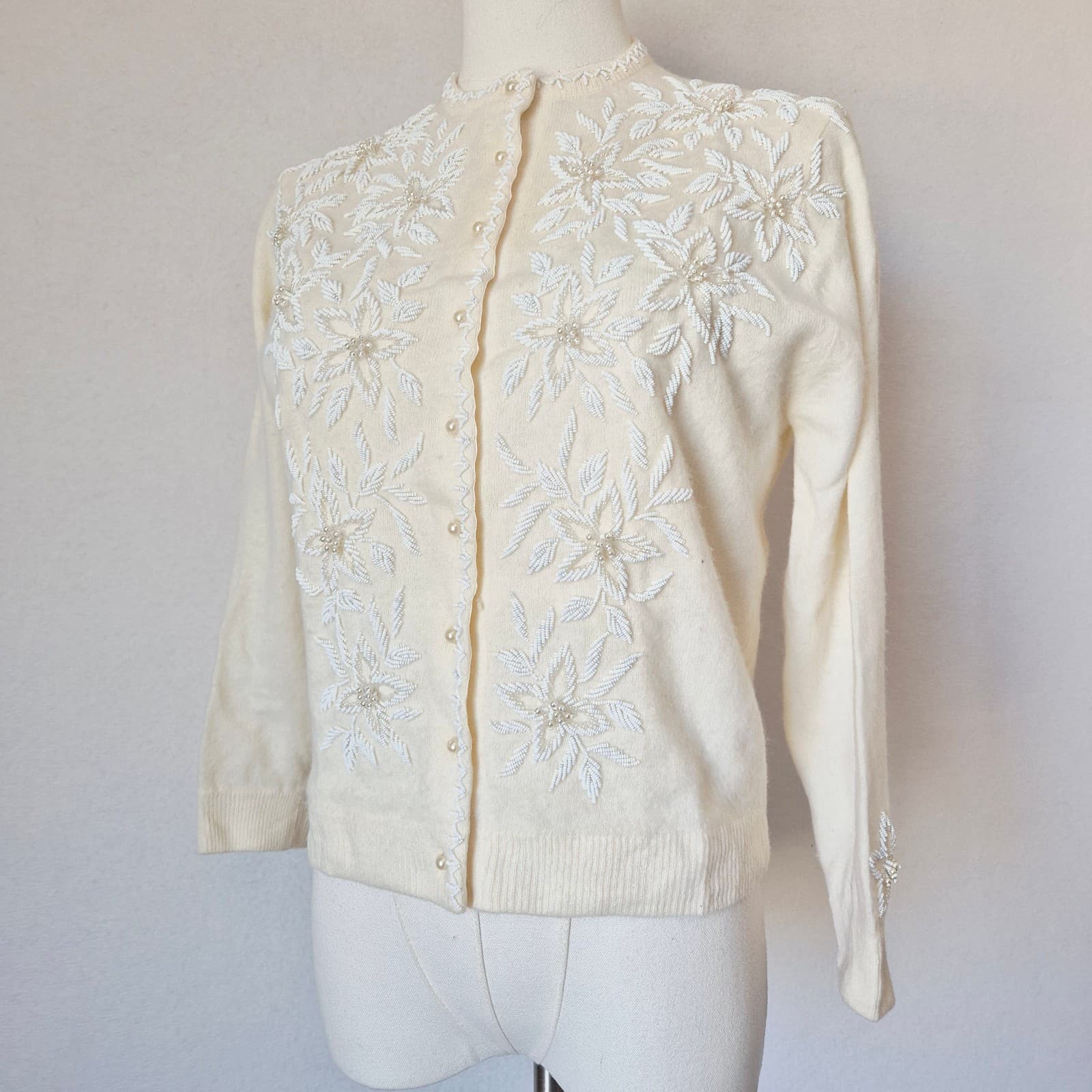 Vintage Stephen Chu Beaded Pearl Rabbit Hair Lamswool Cardigan Lined Iovry Sz.38 - Thumbnail 5