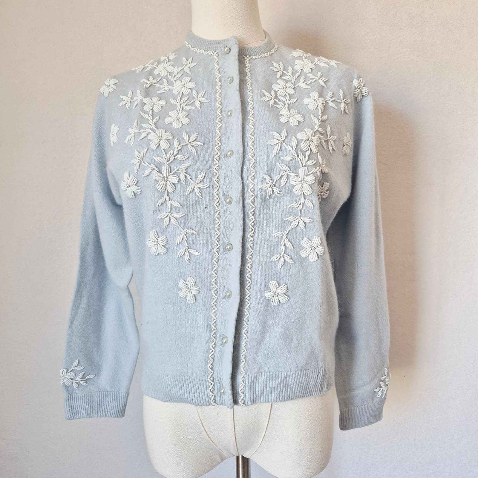 Vintage Stephen Chu Beaded Pearl Rabbit Hair Lamswool Cardigan Lined Blue Sz.38 - Thumbnail 2