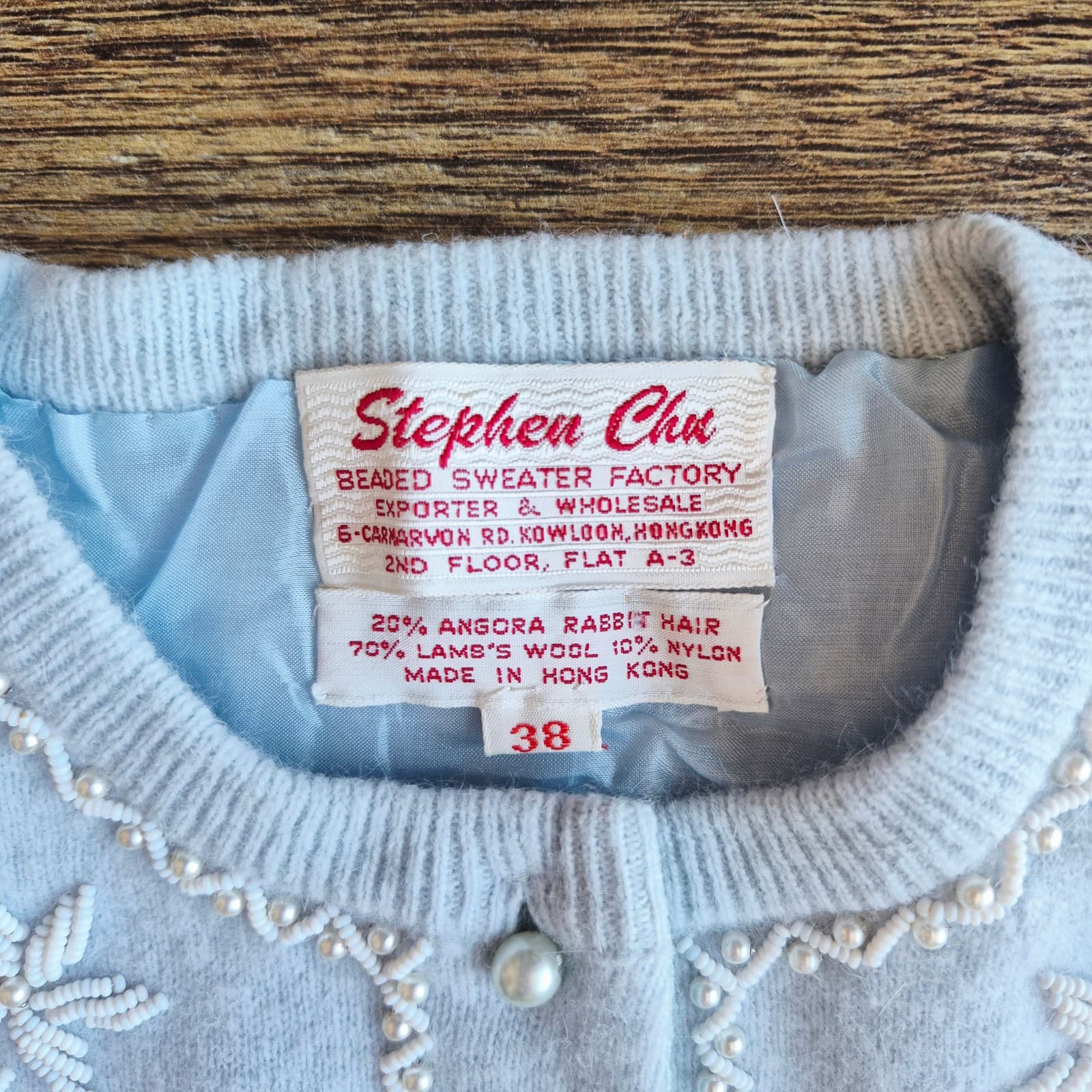 Vintage Stephen Chu Beaded Pearl Rabbit Hair Lamswool Cardigan Lined Blue Sz.38 - Thumbnail 10