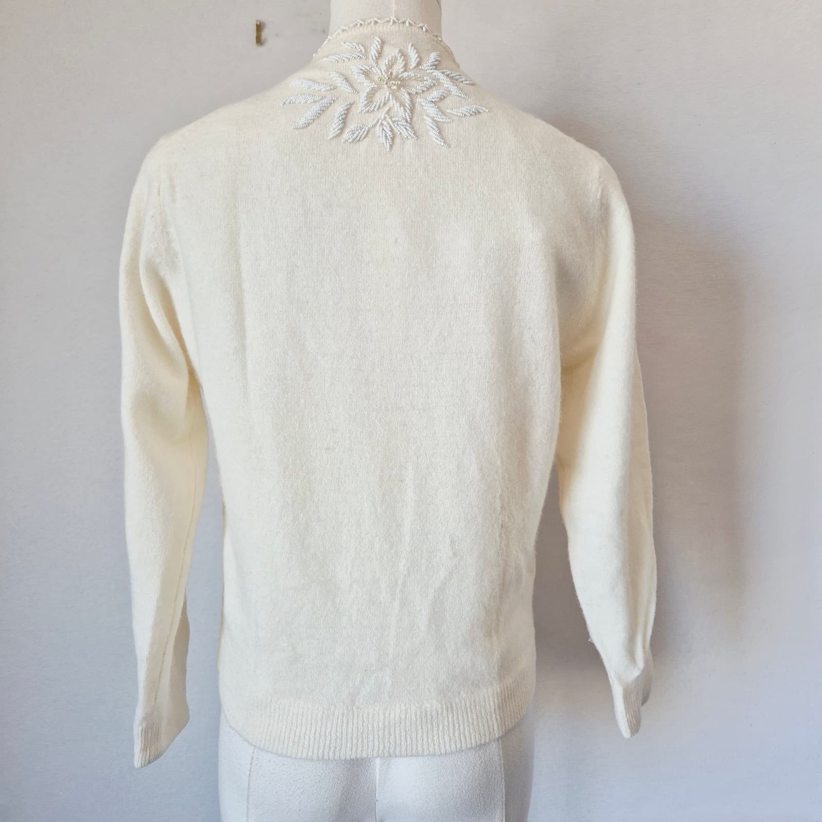 Vintage Stephen Chu Beaded Pearl Rabbit Hair Lamswool Cardigan Lined Iovry Sz.38 - Thumbnail 6