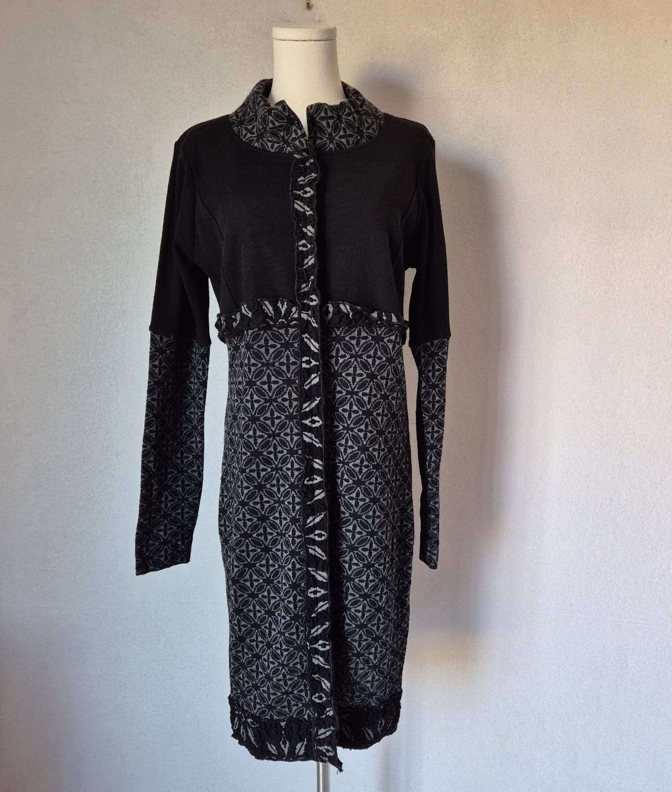 LO.RI. Made in Italy Wool Blend Fair Isle Ruffle Longline Cardigan Dress Women L - Thumbnail 2