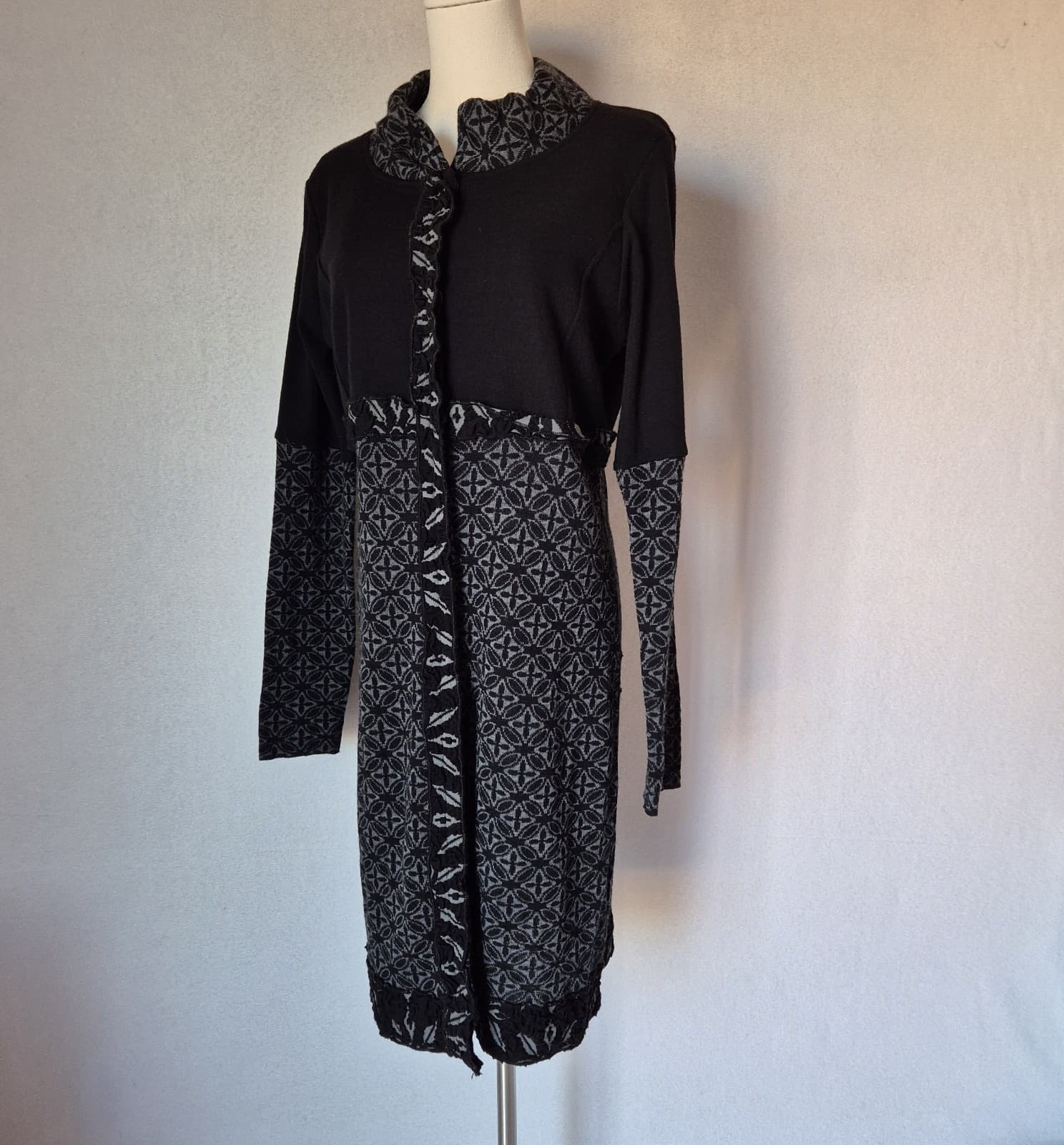 LO.RI. Made in Italy Wool Blend Fair Isle Ruffle Longline Cardigan Dress Women L - Thumbnail 3