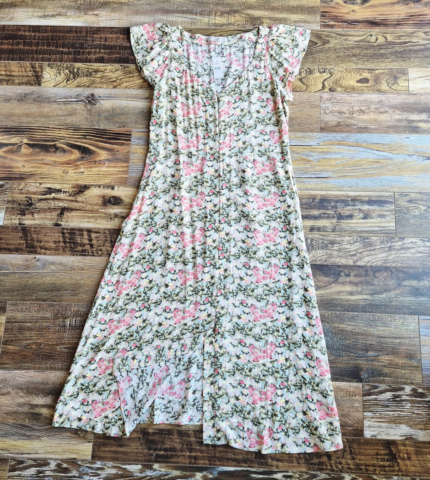 NWT LOFT Floral Button-Front Maxi Shift Dress Cap Sleeve Multicolor Women's 14 - Thumbnail 8