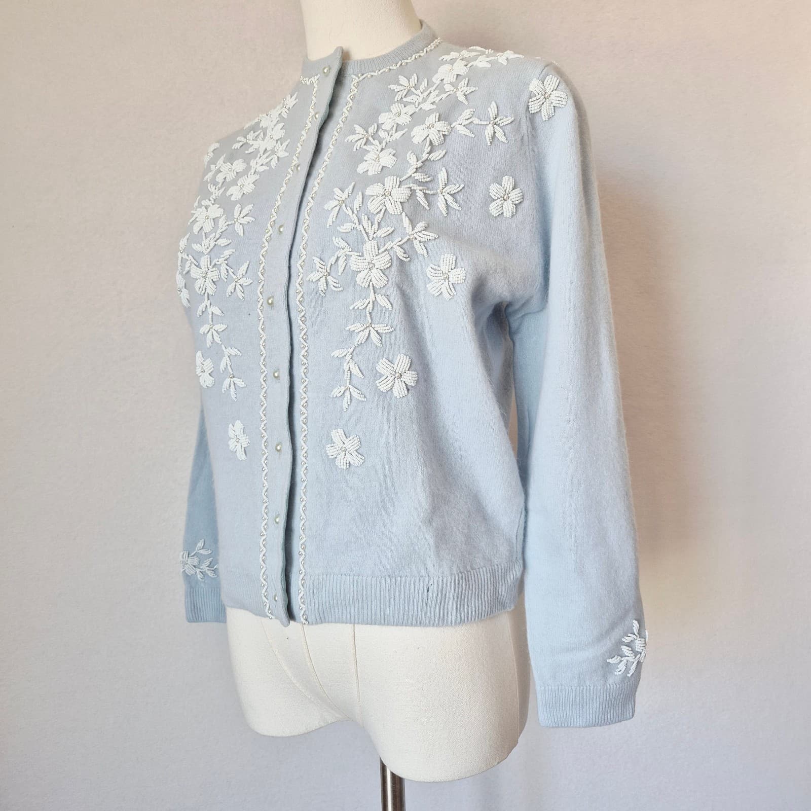 Vintage Stephen Chu Beaded Pearl Rabbit Hair Lamswool Cardigan Lined Blue Sz.38 - Thumbnail 5