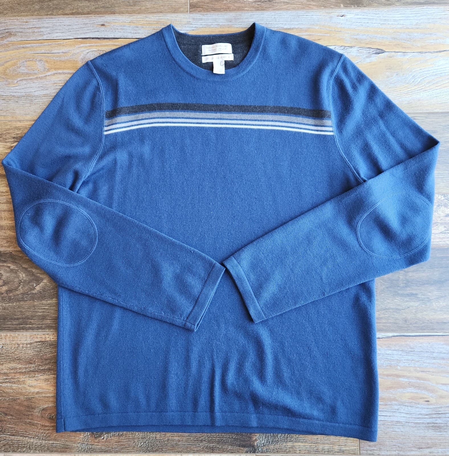 Banana Republic Extra Fine Italian Merino Crew Sweater Elbow Patch Blue Men's L