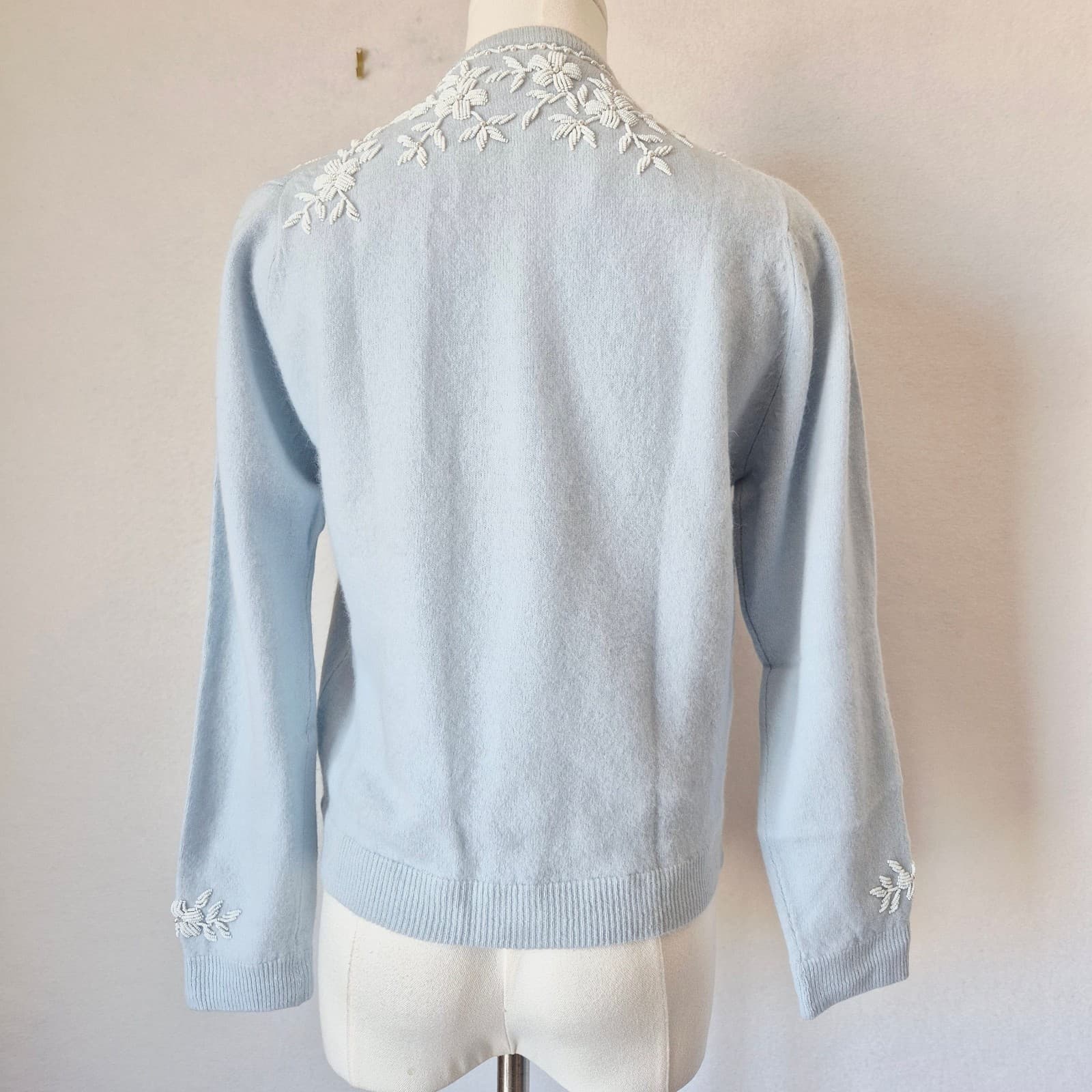 Vintage Stephen Chu Beaded Pearl Rabbit Hair Lamswool Cardigan Lined Blue Sz.38 - Thumbnail 9