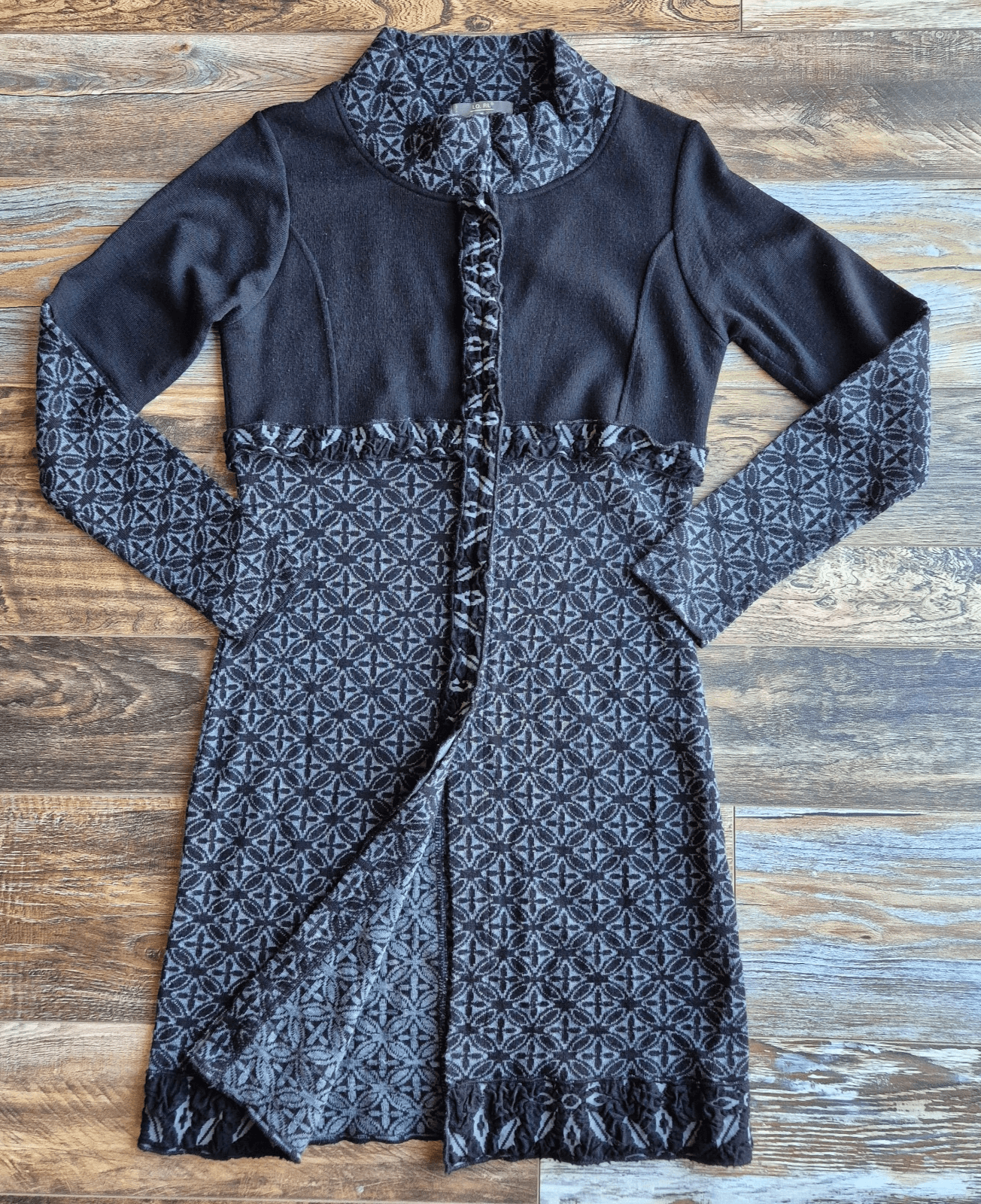 LO.RI. Made in Italy Wool Blend Fair Isle Ruffle Longline Cardigan Dress Women L