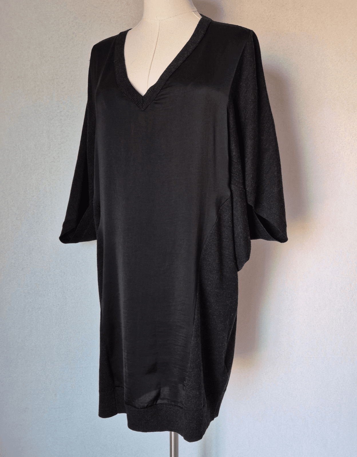 All Saints Elwar Panel Merino Wool Mini Jumper Sweater Dress V-Neck Black Sz.L - Thumbnail 2