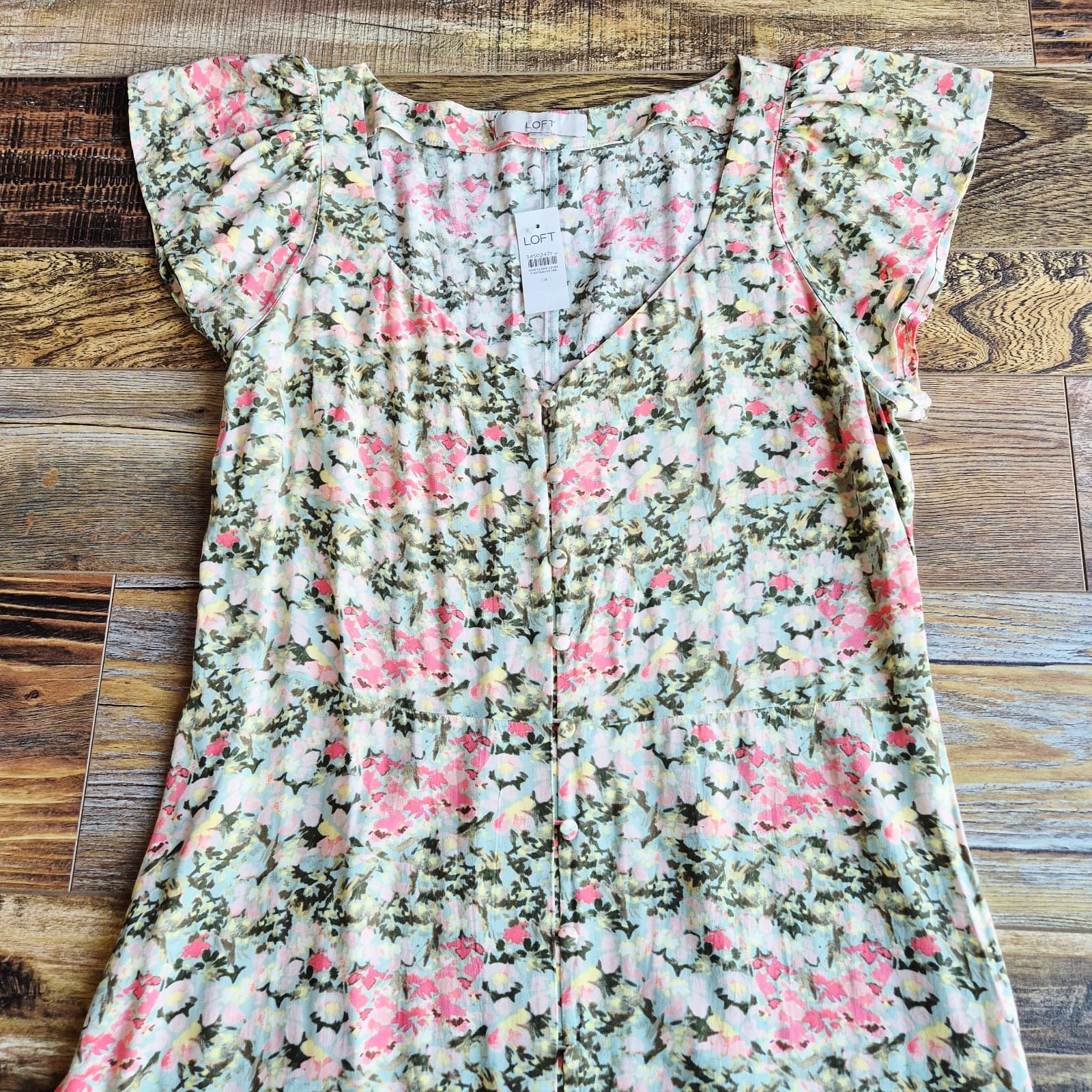NWT LOFT Floral Button-Front Maxi Shift Dress Cap Sleeve Multicolor Women's 14 - Thumbnail 10