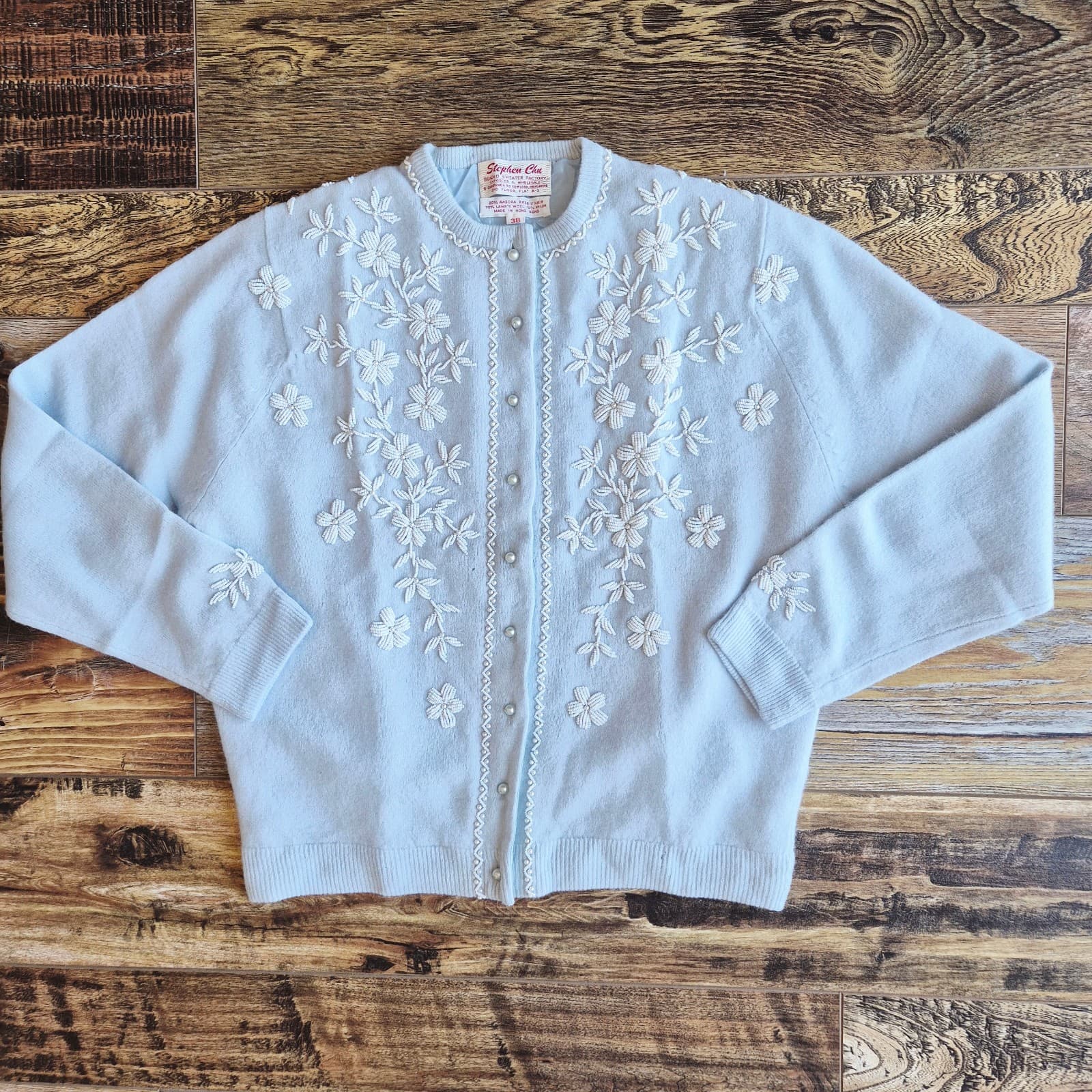 Vintage Stephen Chu Beaded Pearl Rabbit Hair Lamswool Cardigan Lined Blue Sz.38 - Thumbnail 3