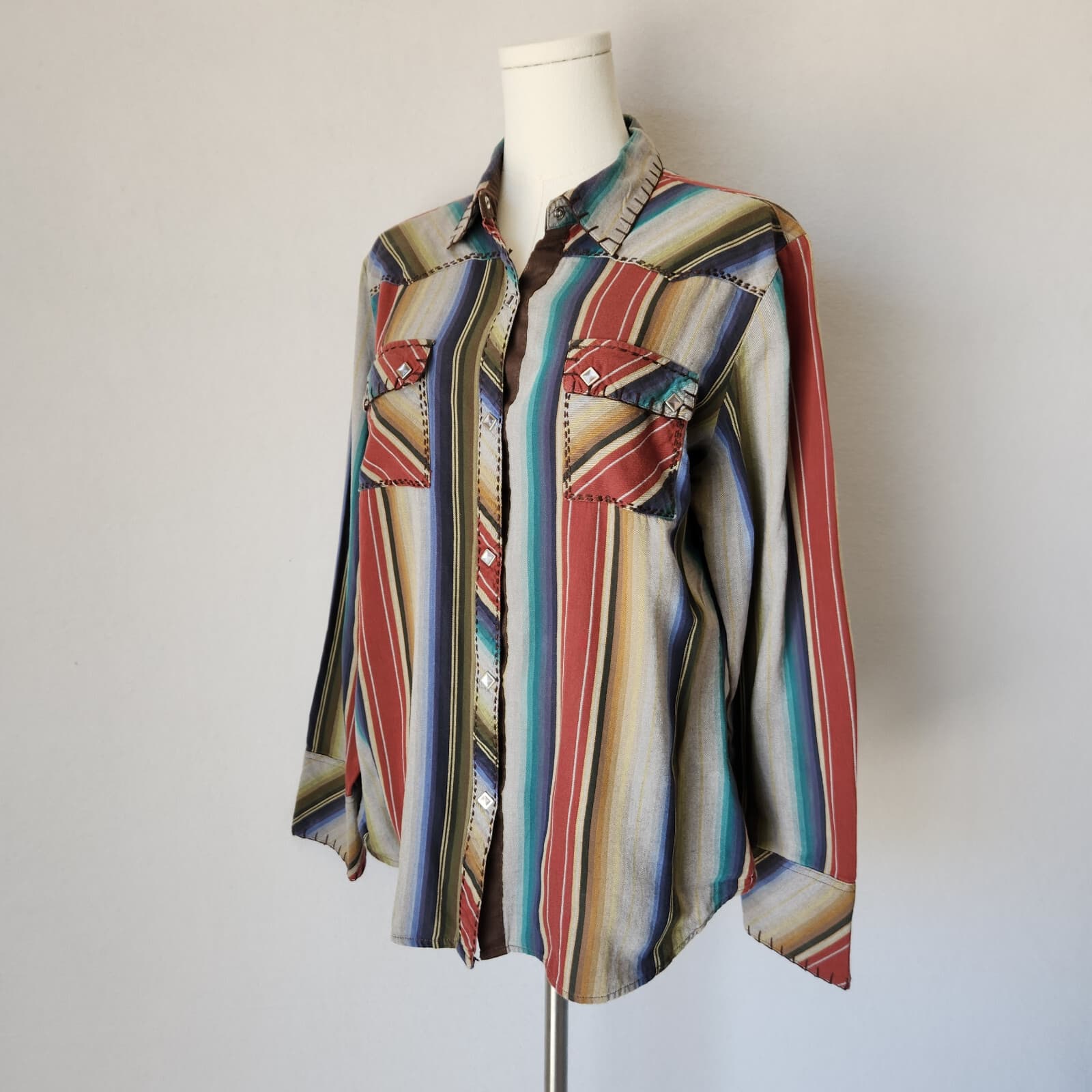 Roper Western Contrast Stitch Pearl Snap Shirt Long Sleeve Multi-Stripe Womens L - Thumbnail 2