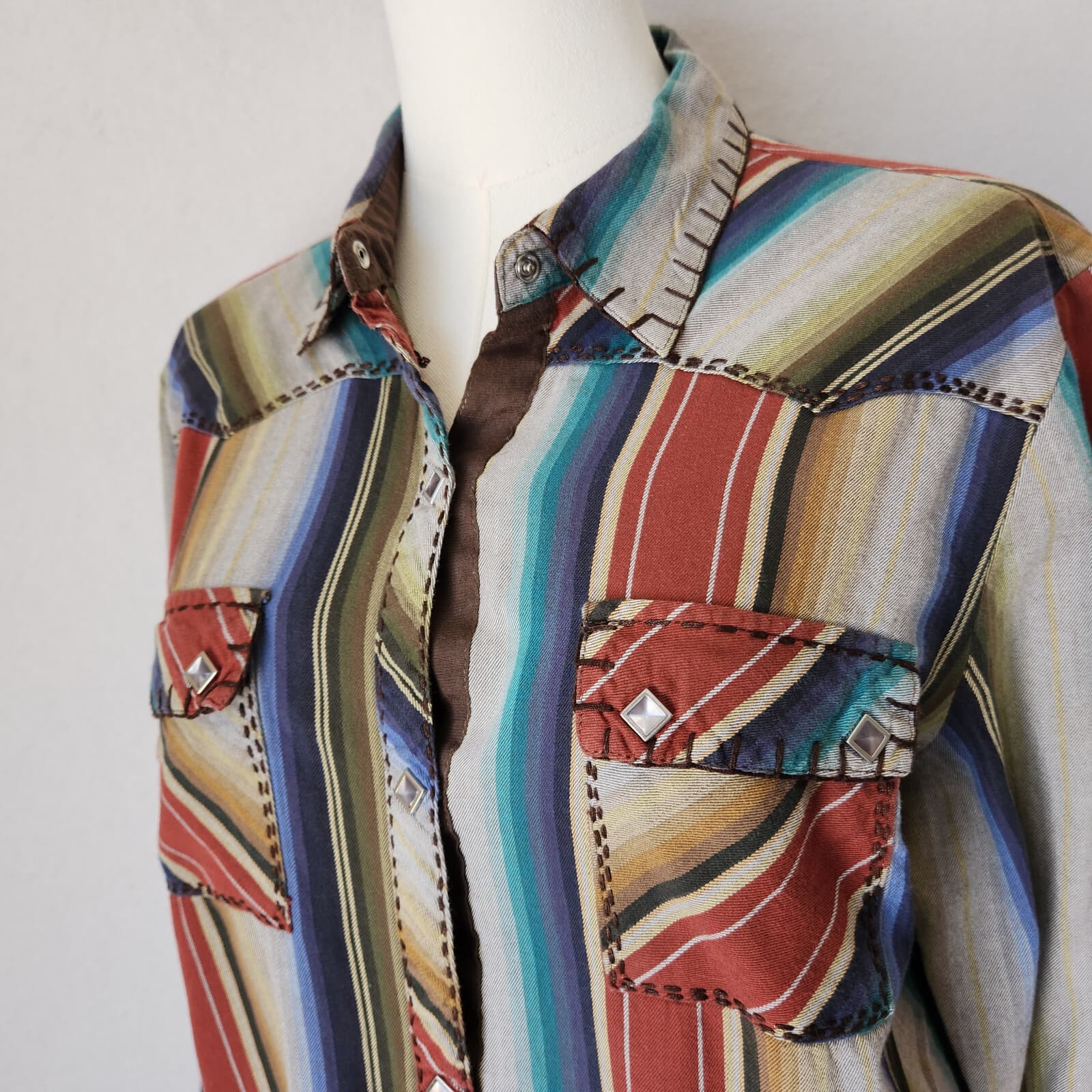 Roper Western Contrast Stitch Pearl Snap Shirt Long Sleeve Multi-Stripe Womens L - Thumbnail 3