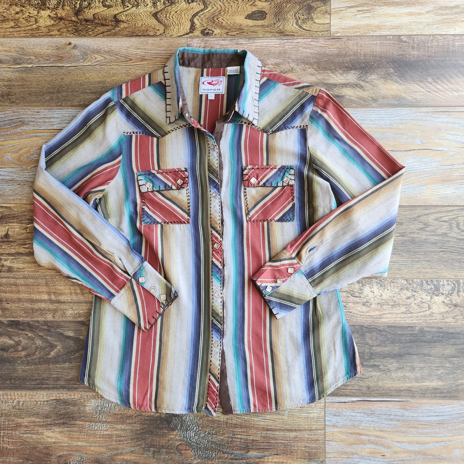 Roper Western Contrast Stitch Pearl Snap Shirt Long Sleeve Multi-Stripe Womens L - Thumbnail 4