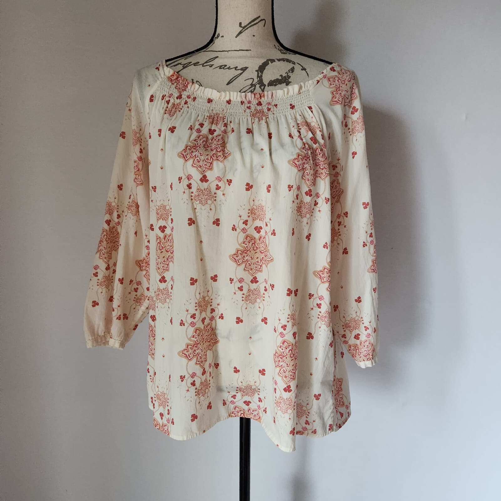 Patagonia Organic Cotton Peasant Floral Top Smock Neck 3/4 Sleeve Ivory Women L - Thumbnail 2