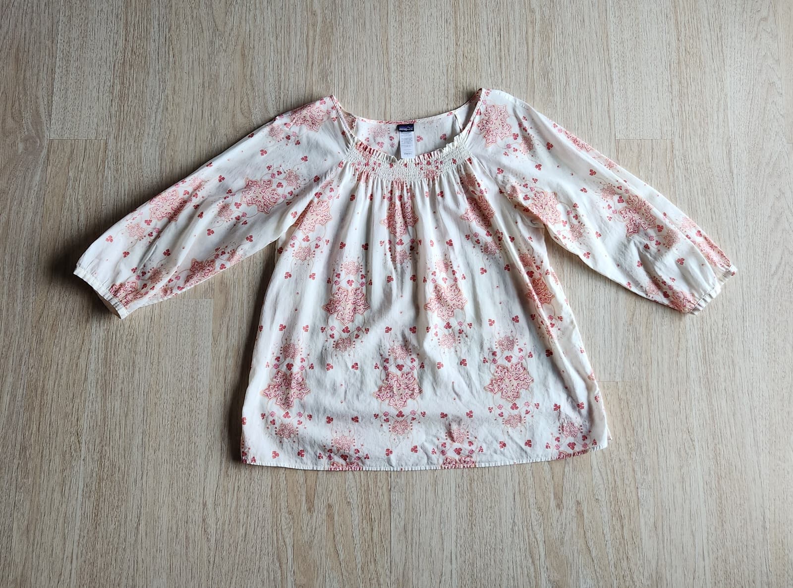 Patagonia Organic Cotton Peasant Floral Top Smock Neck 3/4 Sleeve Ivory Women L - Thumbnail 3