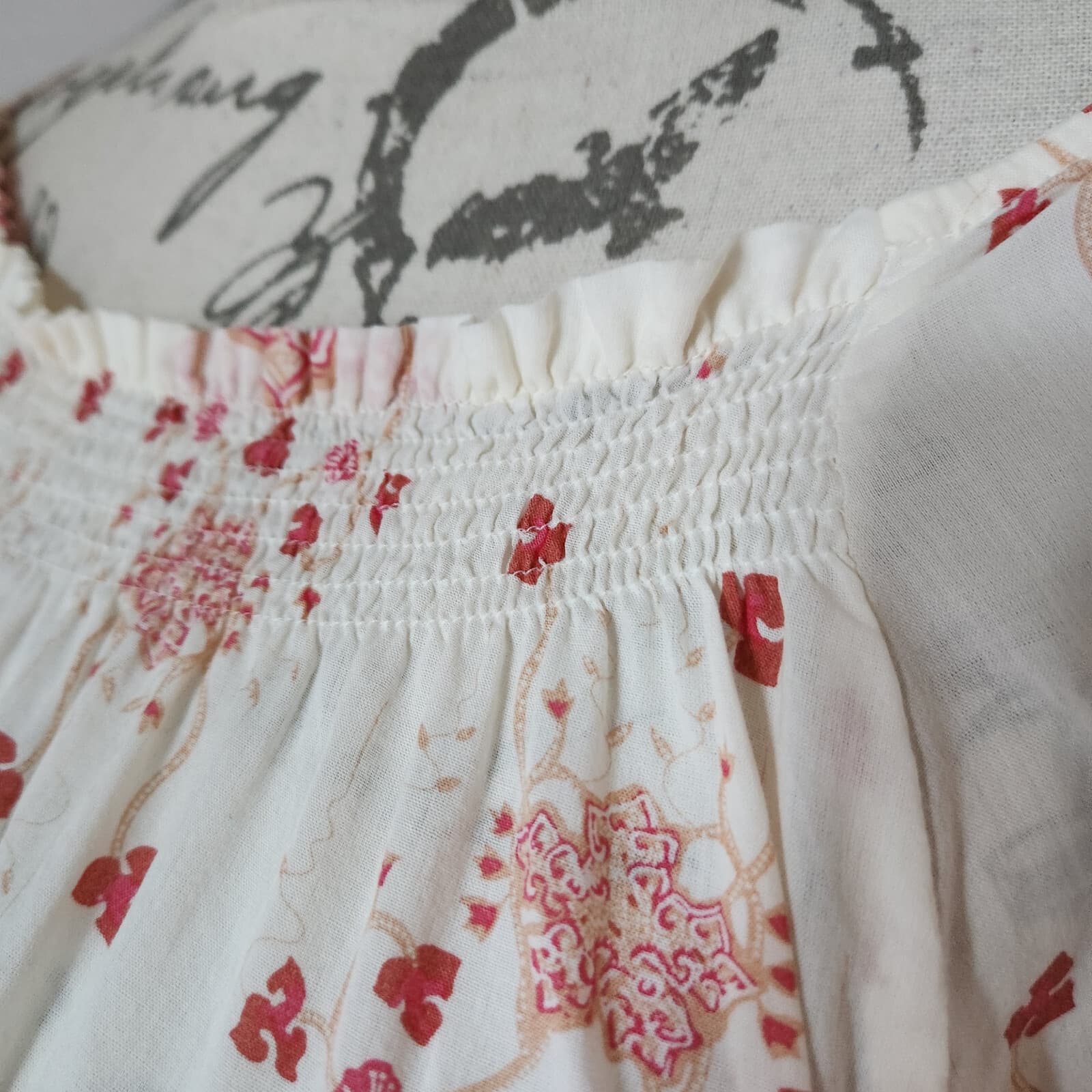 Patagonia Organic Cotton Peasant Floral Top Smock Neck 3/4 Sleeve Ivory Women L - Thumbnail 4