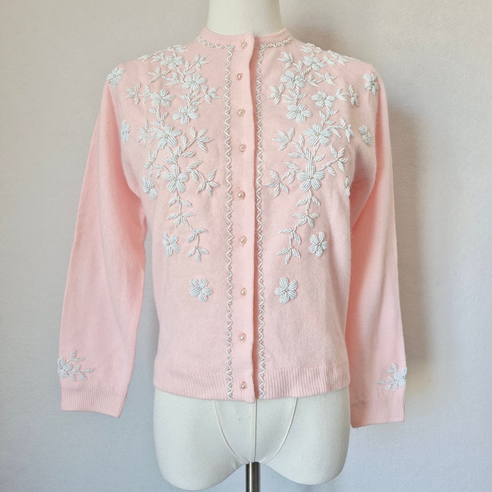 Vintage Stephen Chu Beaded Pearl Rabbit Hair Lamswool Cardigan Lined Pink Sz.36 - Thumbnail 2