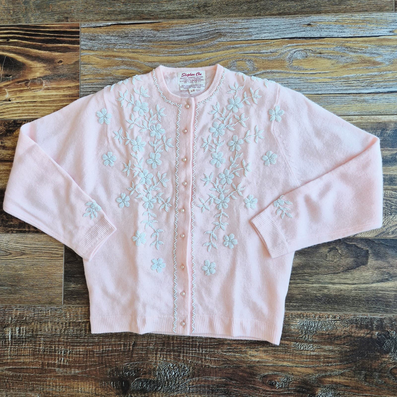 Vintage Stephen Chu Beaded Pearl Rabbit Hair Lamswool Cardigan Lined Pink Sz.36 - Thumbnail 3