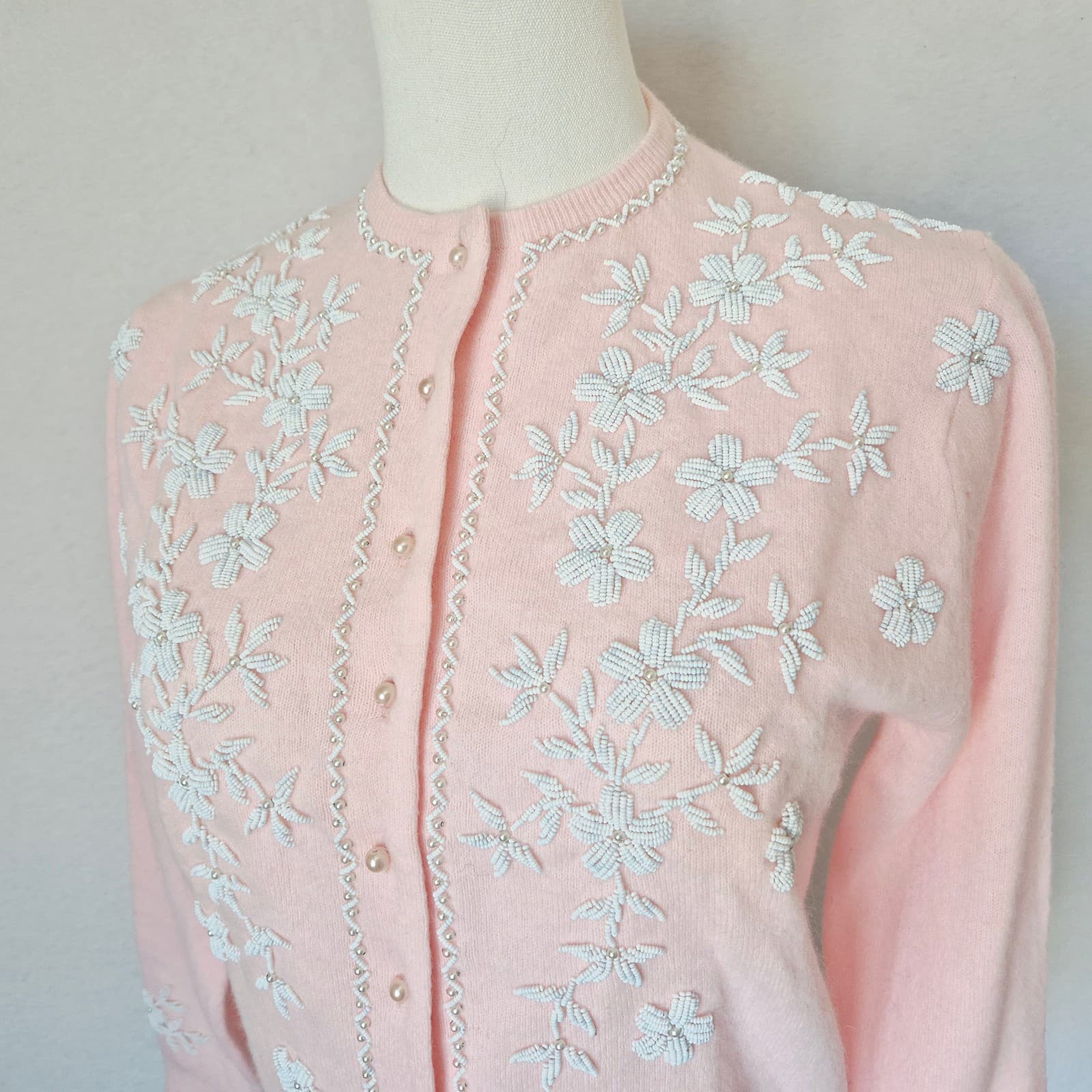 Vintage Stephen Chu Beaded Pearl Rabbit Hair Lamswool Cardigan Lined Pink Sz.36 - Thumbnail 4