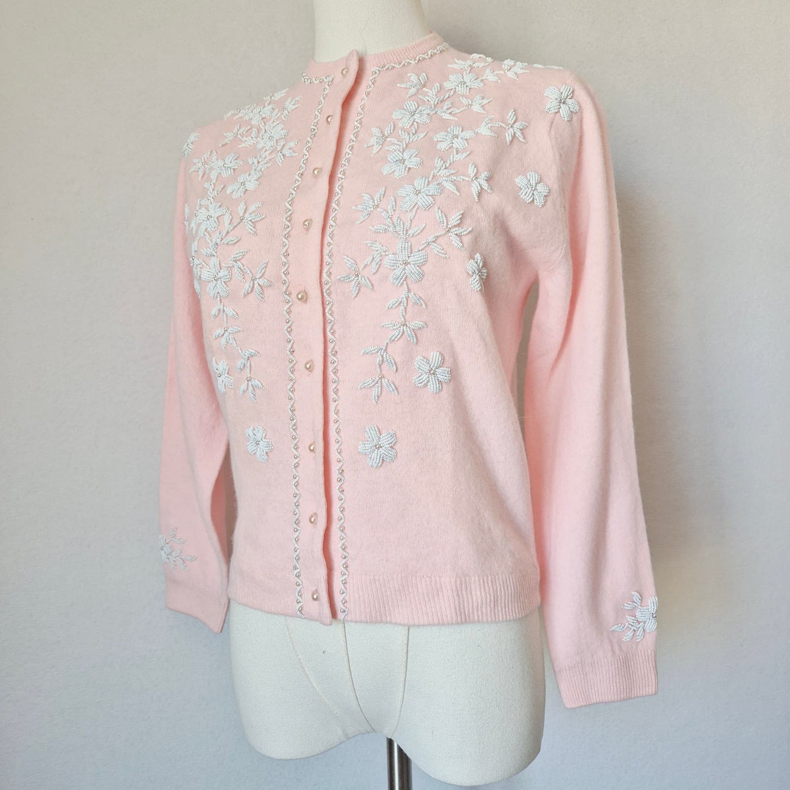 Vintage Stephen Chu Beaded Pearl Rabbit Hair Lamswool Cardigan Lined Pink Sz.36 - Thumbnail 5