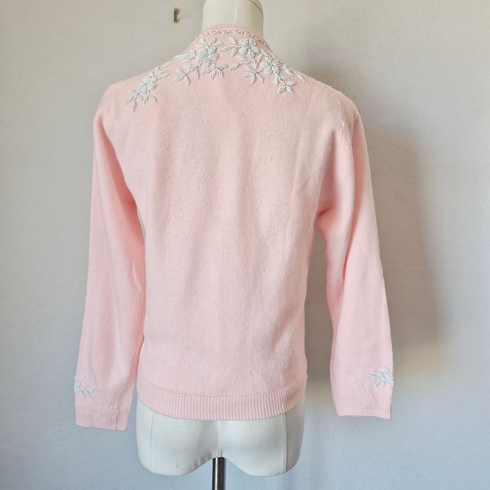 Vintage Stephen Chu Beaded Pearl Rabbit Hair Lamswool Cardigan Lined Pink Sz.36 - Thumbnail 8