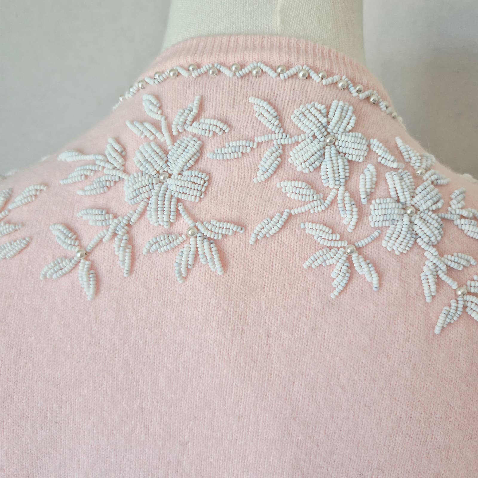Vintage Stephen Chu Beaded Pearl Rabbit Hair Lamswool Cardigan Lined Pink Sz.36 - Thumbnail 9
