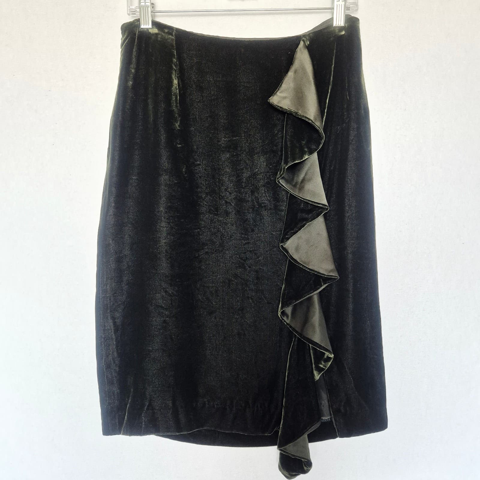 Vintage Ralph Lauren Black Label Silk Blend Velvet Ruffle Pencil Skirt Green 6 - Thumbnail 2