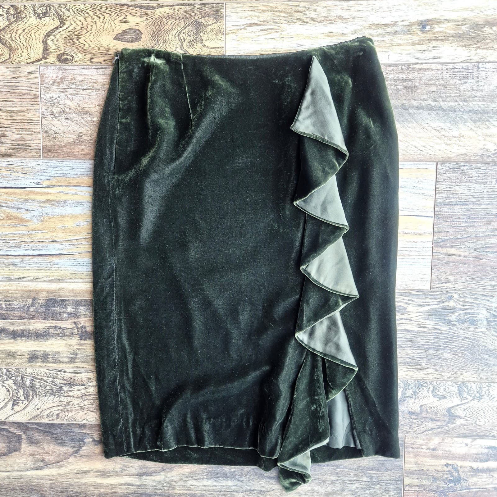 Vintage Ralph Lauren Black Label Silk Blend Velvet Ruffle Pencil Skirt Green 6 - Thumbnail 3