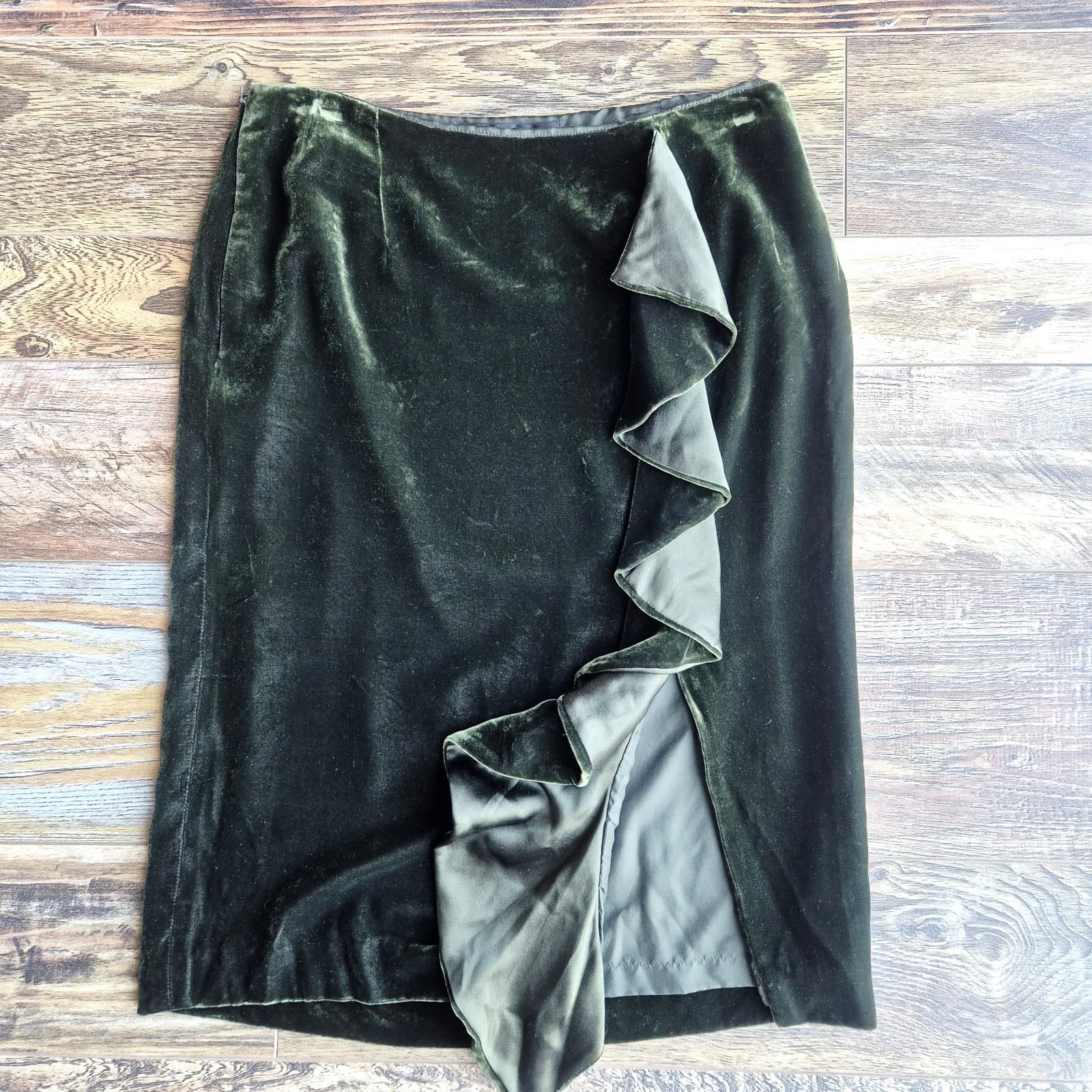 Vintage Ralph Lauren Black Label Silk Blend Velvet Ruffle Pencil Skirt Green 6 - Thumbnail 4