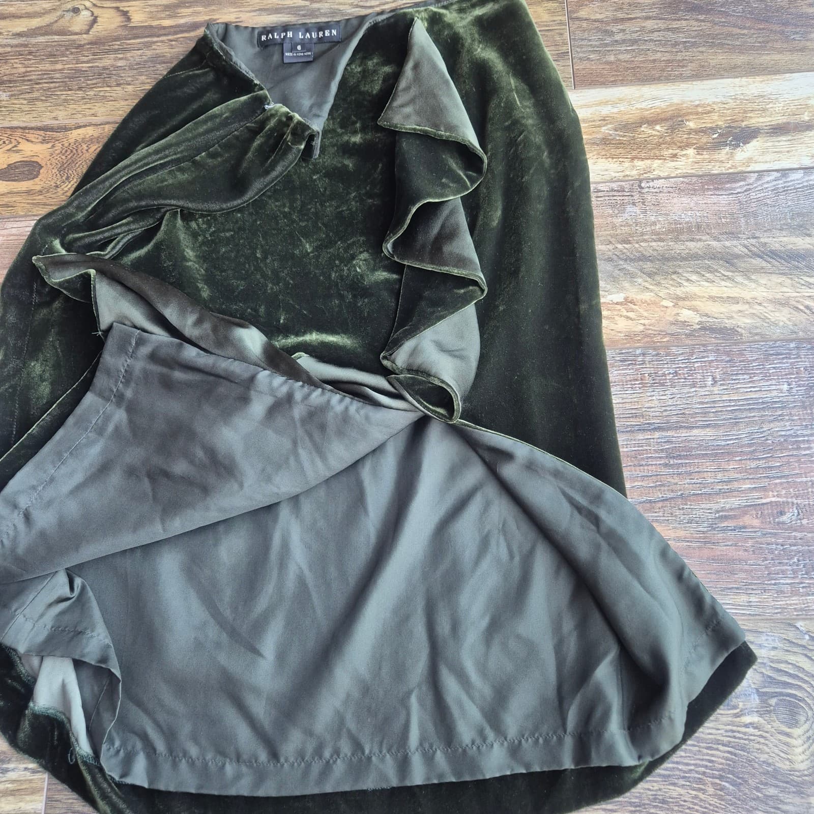 Vintage Ralph Lauren Black Label Silk Blend Velvet Ruffle Pencil Skirt Green 6 - Thumbnail 6