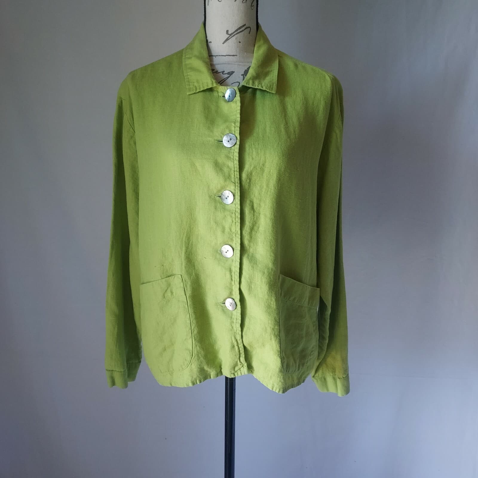 FLAX 100%Linen Tunic Top Shirt Pearl Button Long Sleeve Pocket Green Women M USA