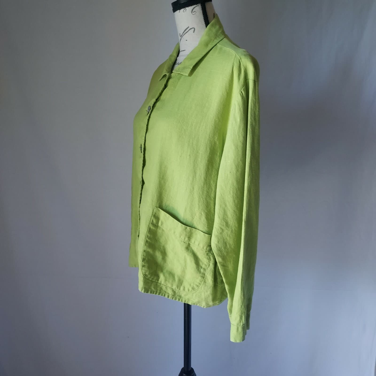 FLAX 100%Linen Tunic Top Shirt Pearl Button Long Sleeve Pocket Green Women M USA - Thumbnail 3