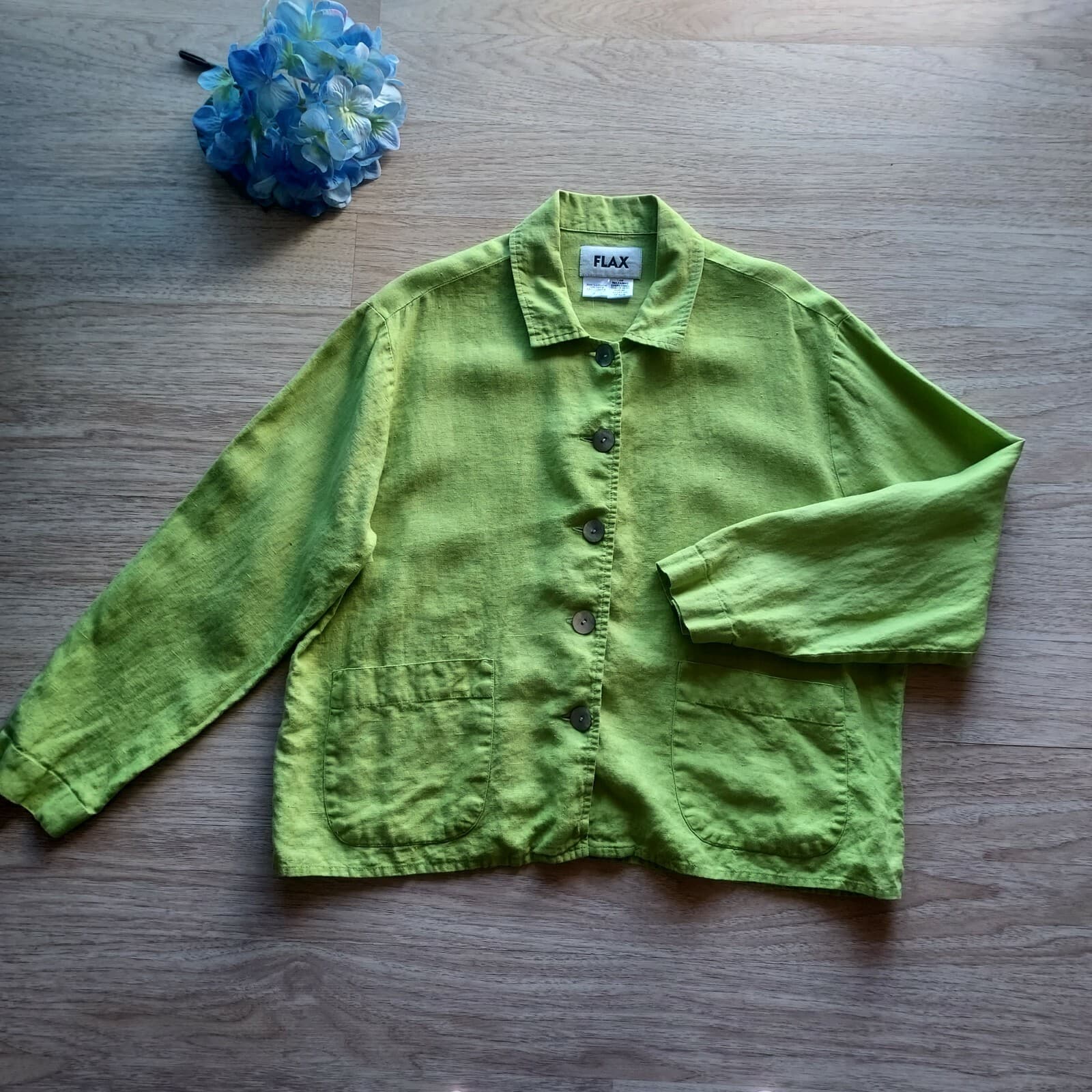 FLAX 100%Linen Tunic Top Shirt Pearl Button Long Sleeve Pocket Green Women M USA - Thumbnail 5