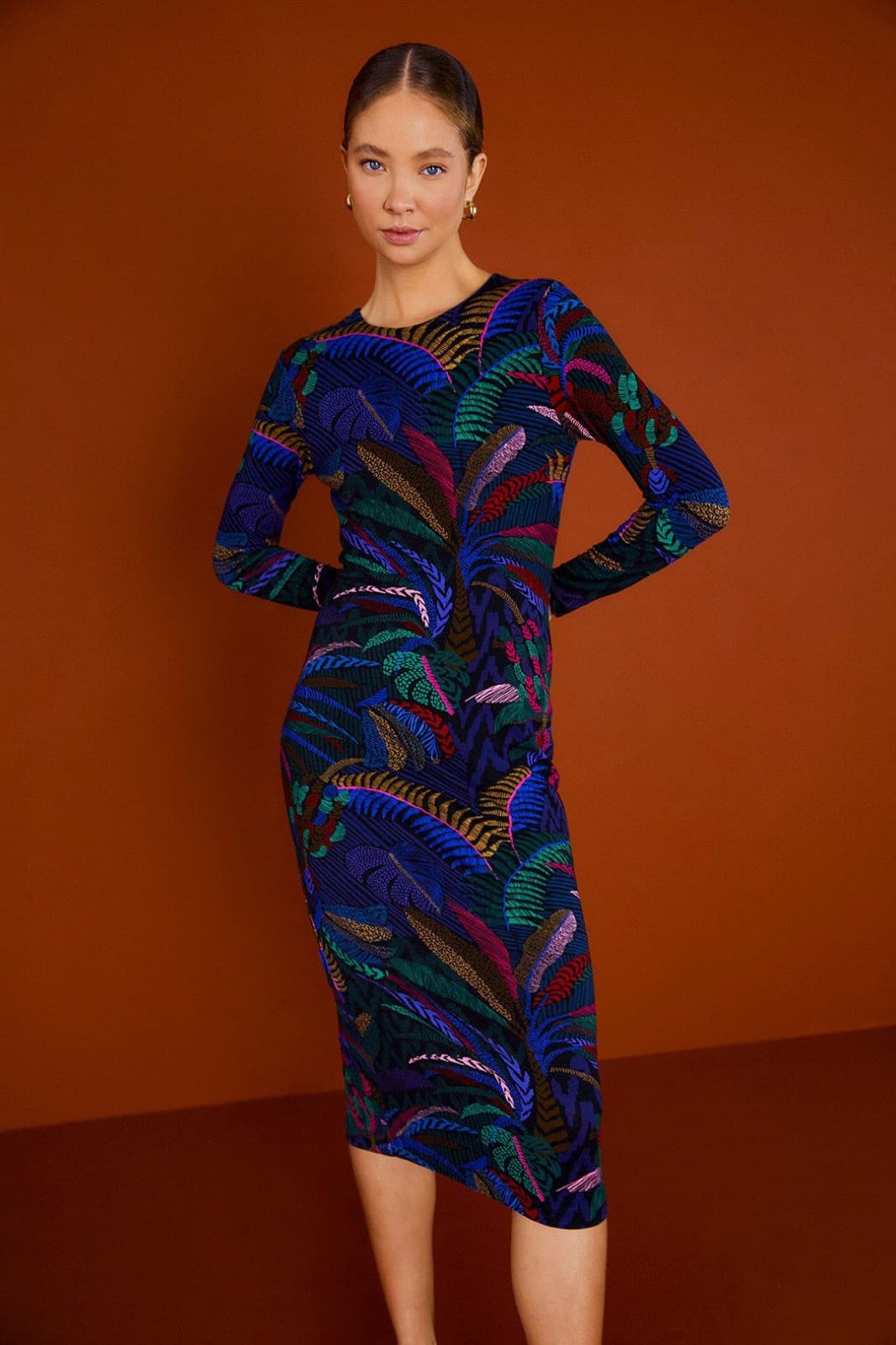NWT Farm Rio Amazonia Night Long Sleeve Midi Bodycon Dress Stretch Knit Womens S - Thumbnail 3