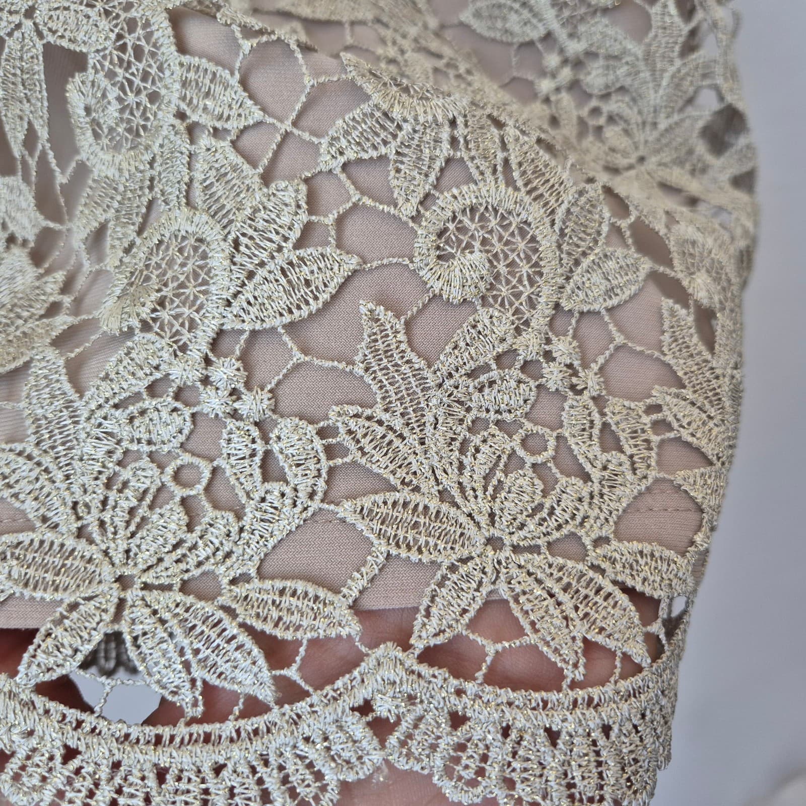 Lauren Ralph Lauren Lace Metallic Party Sheath Dress Sleeveless Ecru-Beige Sz.6 - Thumbnail 6