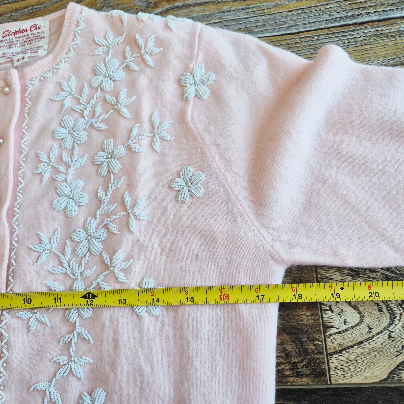 Vintage Stephen Chu Beaded Pearl Rabbit Hair Lamswool Cardigan Lined Pink Sz.36 - Thumbnail 13
