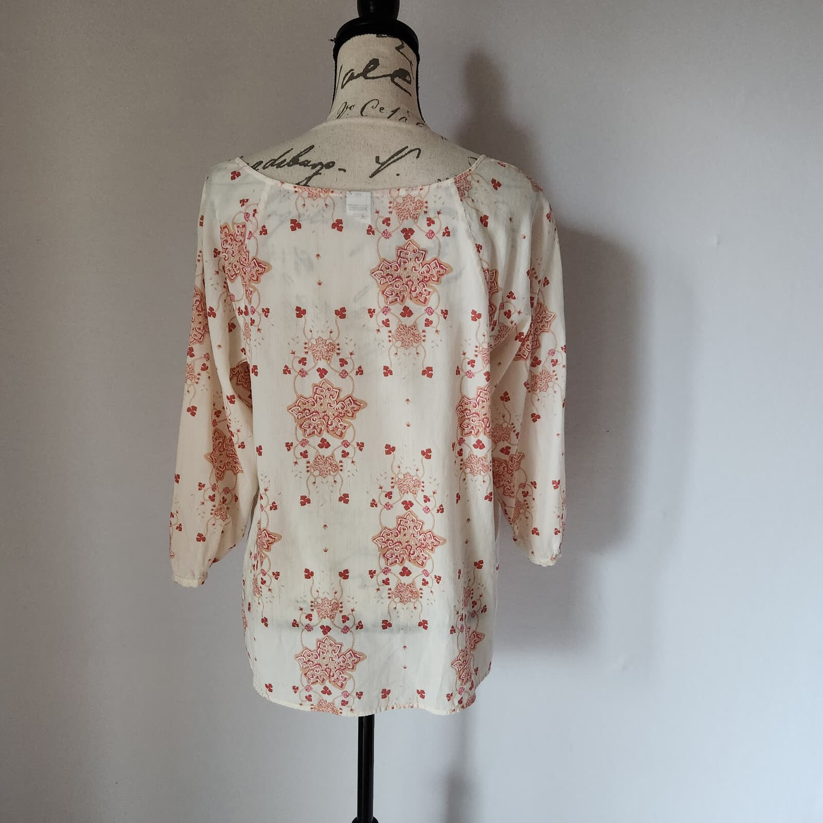Patagonia Organic Cotton Peasant Floral Top Smock Neck 3/4 Sleeve Ivory Women L - Thumbnail 5