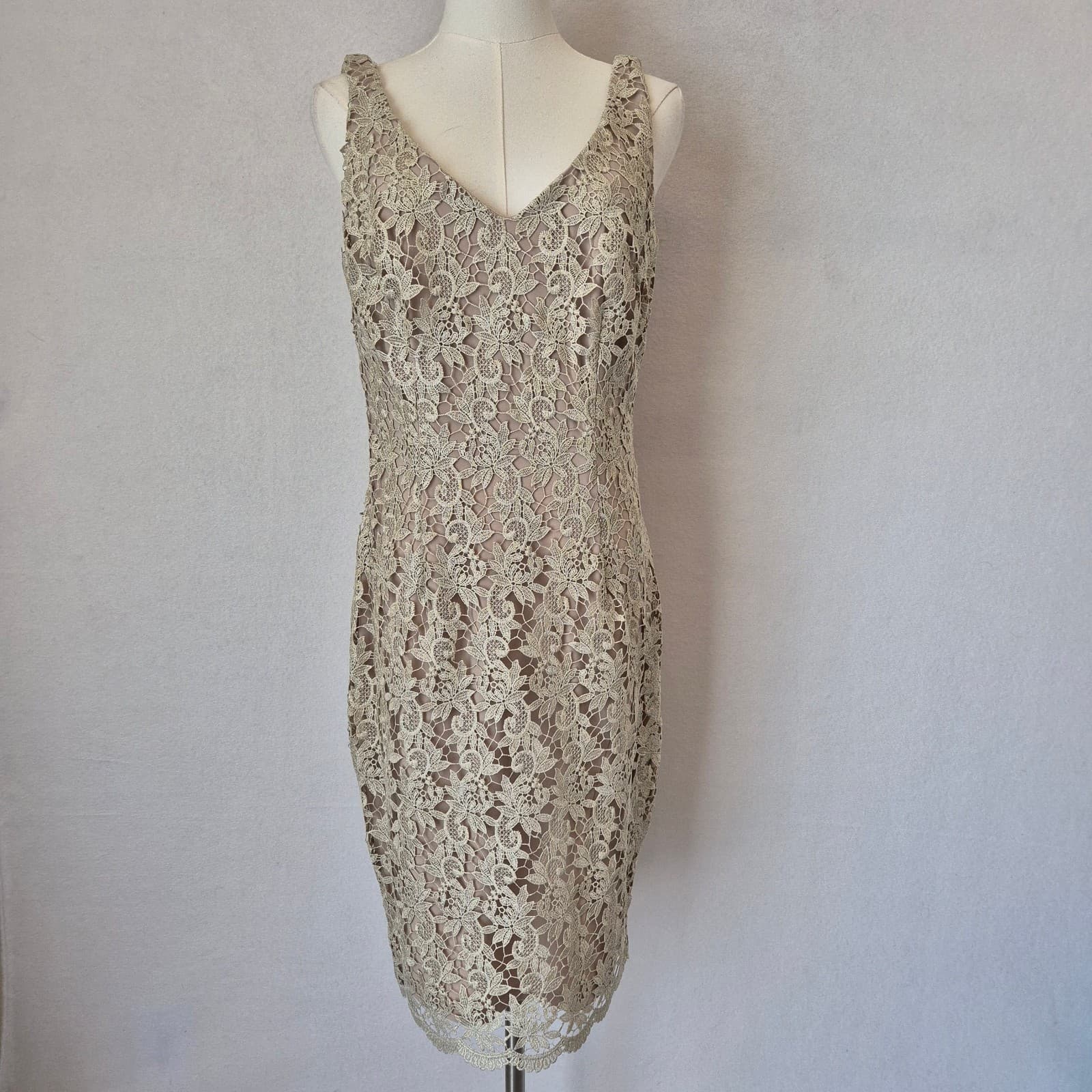 Lauren Ralph Lauren Lace Metallic Party Sheath Dress Sleeveless Ecru-Beige Sz.6 - Thumbnail 2