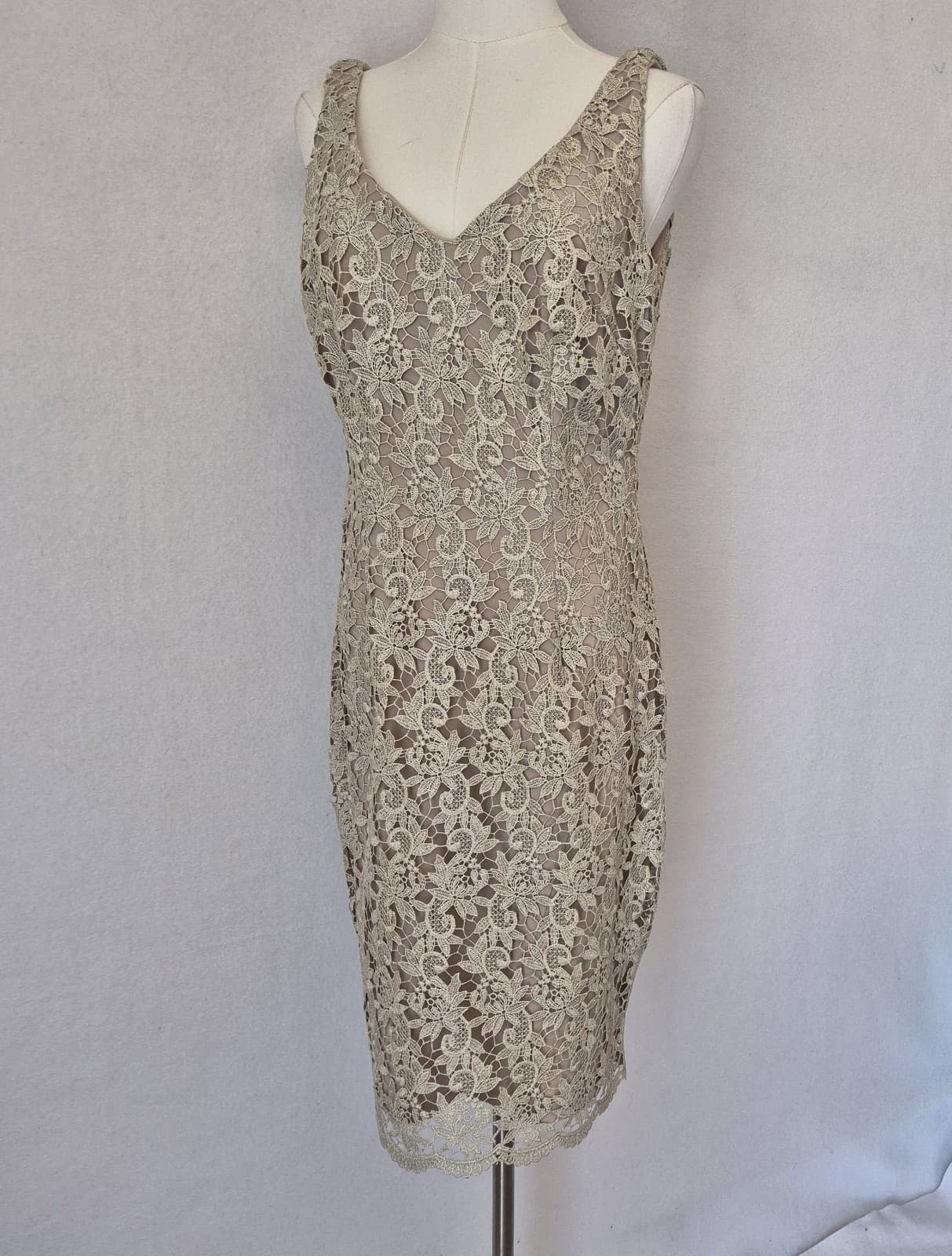 Lauren Ralph Lauren Lace Metallic Party Sheath Dress Sleeveless Ecru-Beige Sz.6 - Thumbnail 5