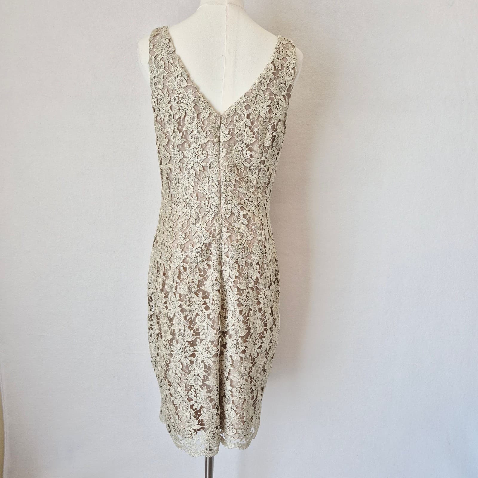 Lauren Ralph Lauren Lace Metallic Party Sheath Dress Sleeveless Ecru-Beige Sz.6 - Thumbnail 7