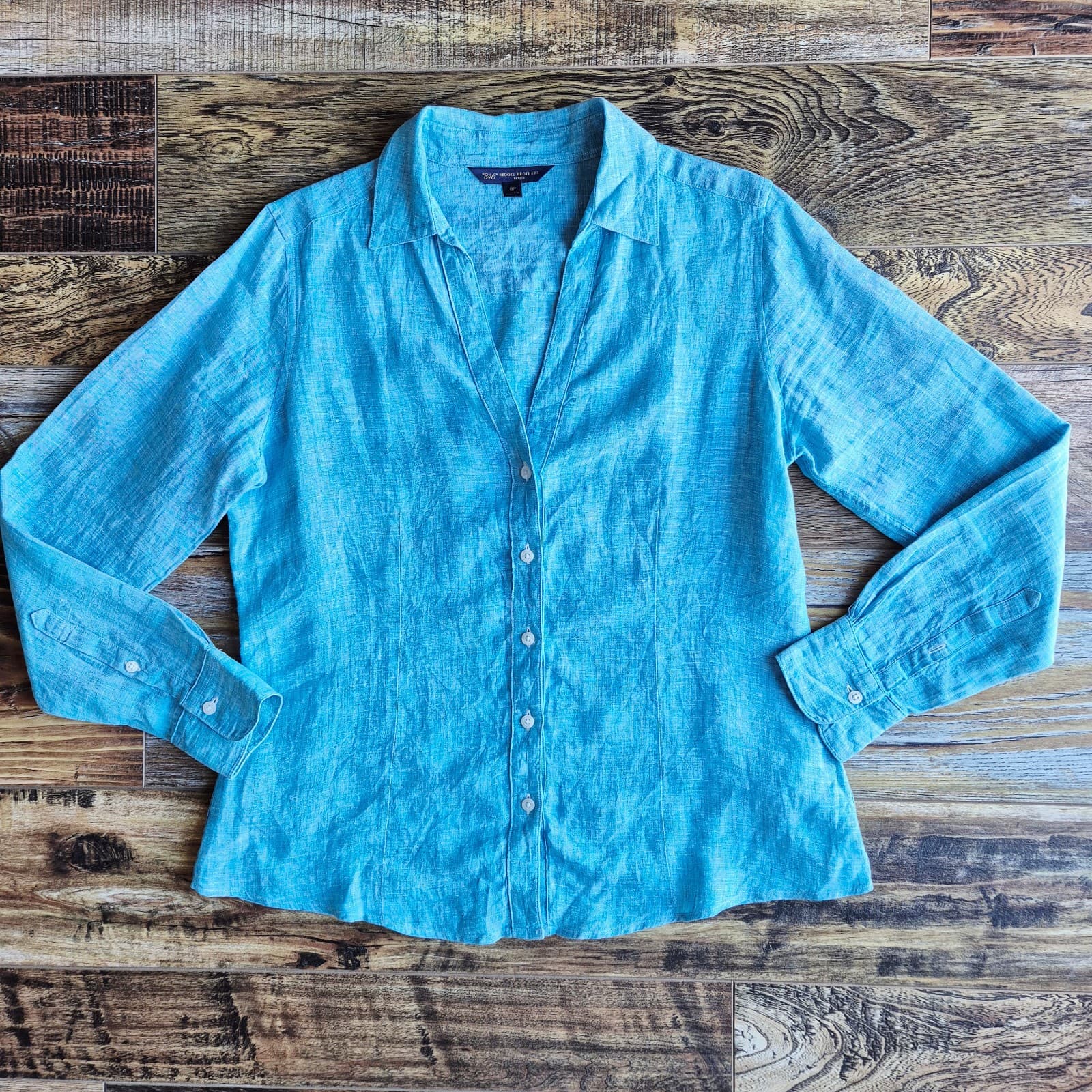 346 Brooks Brothers 100% Linen Button-Up Shirt Long Sleeve Blue Women's 8P - Thumbnail 3