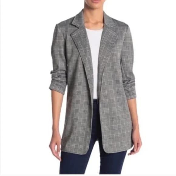 Rachel Zoe Houndstooth Check Open-Front Blazer 3/4 Ruched Sleeve Grey Women's L - Thumbnail 2