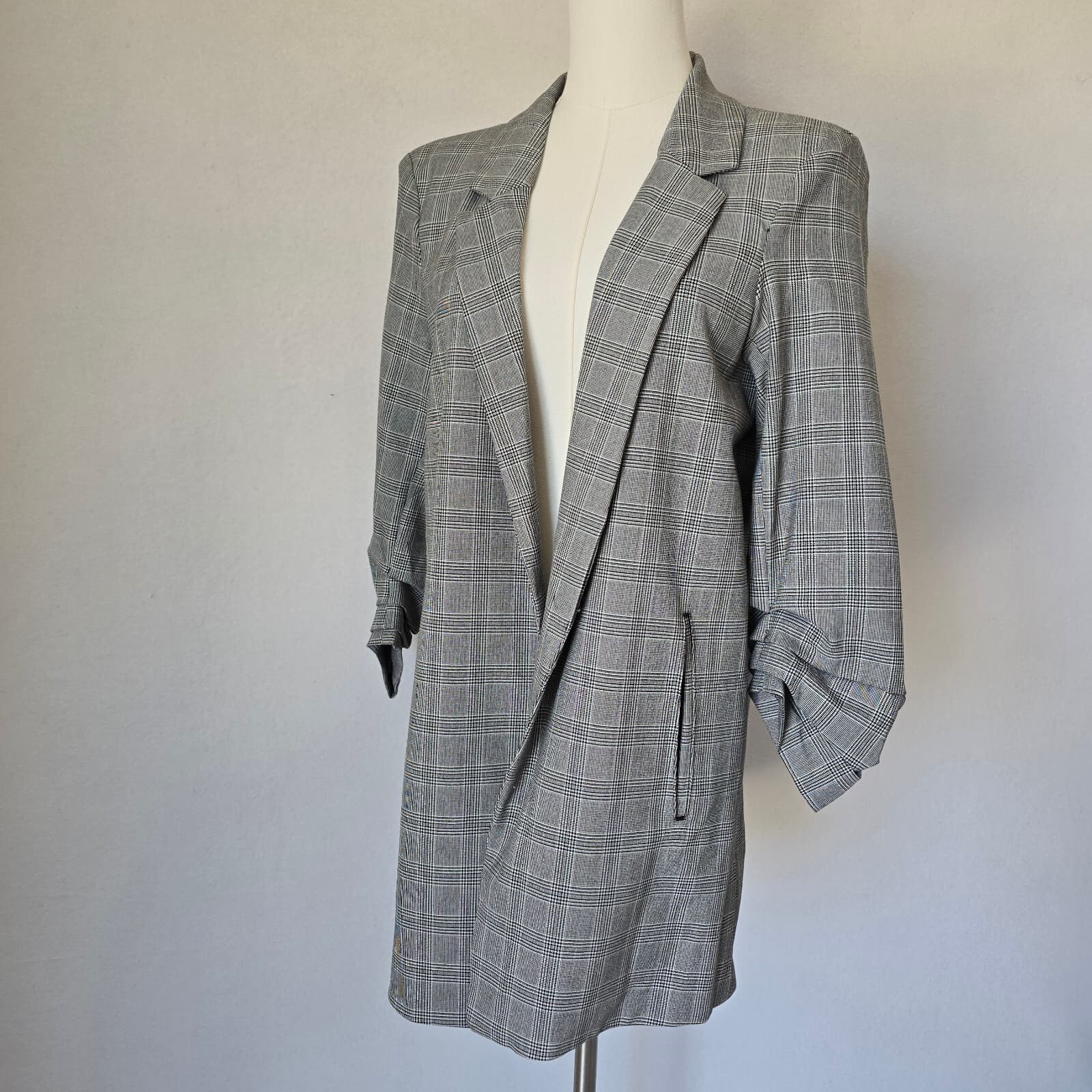 Rachel Zoe Houndstooth Check Open-Front Blazer 3/4 Ruched Sleeve Grey Women's L - Thumbnail 4