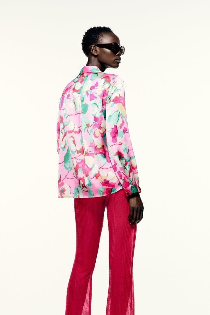ZARA Satin Floral Printed Button-Down Shirt Long Sleeve Multicolor Oversize S - Thumbnail 9